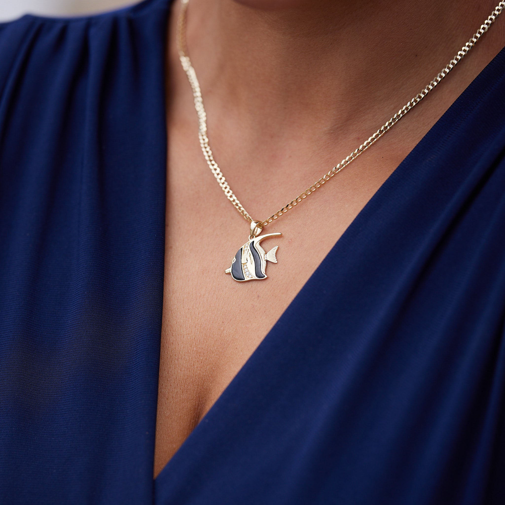 シーライフ エンジェルフィッシュ ブラック コーラル ペンダント ダイヤモンド ゴールド 23mm