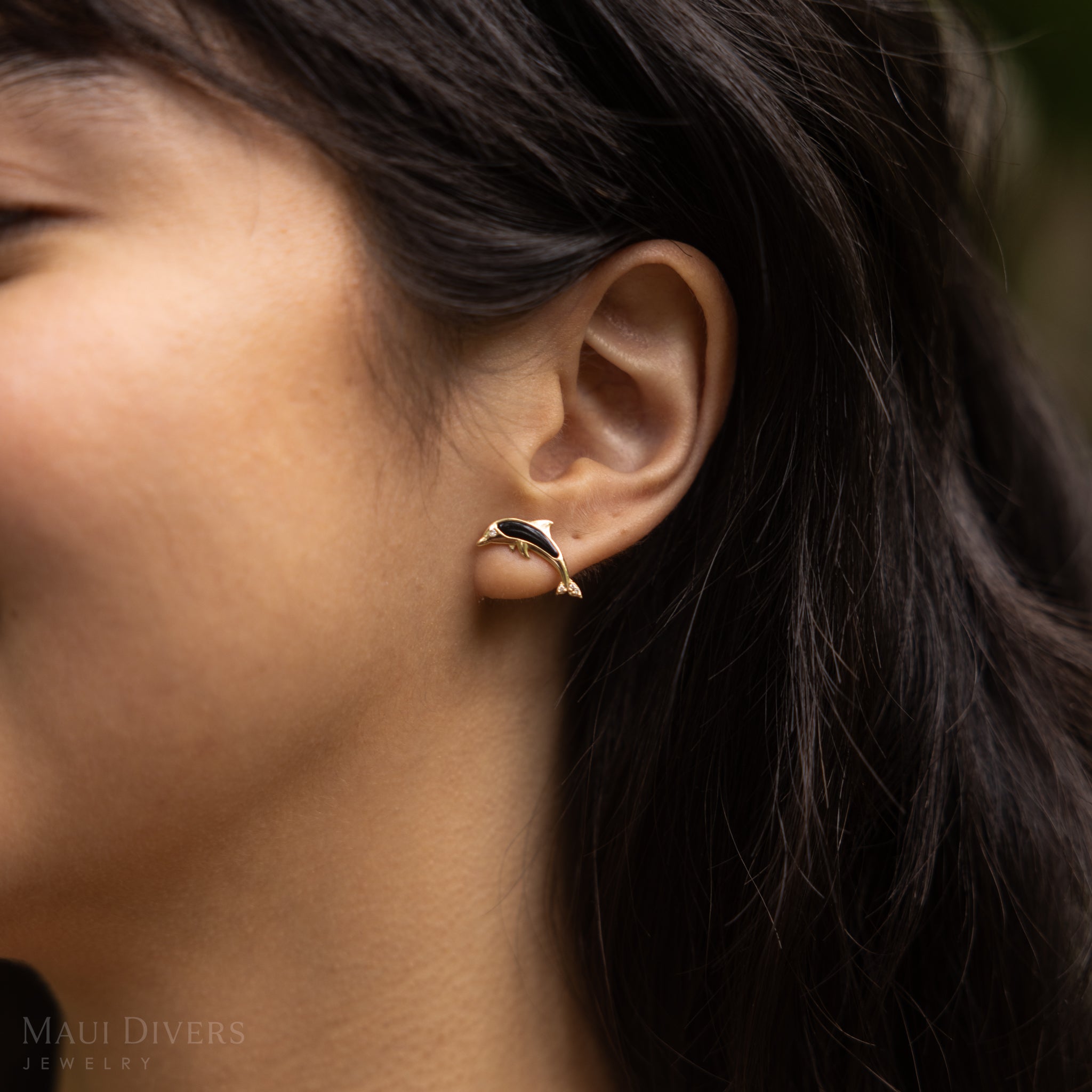 Sealife Dolphin Black Coral Earrings in Gold with Diamonds - 15mm