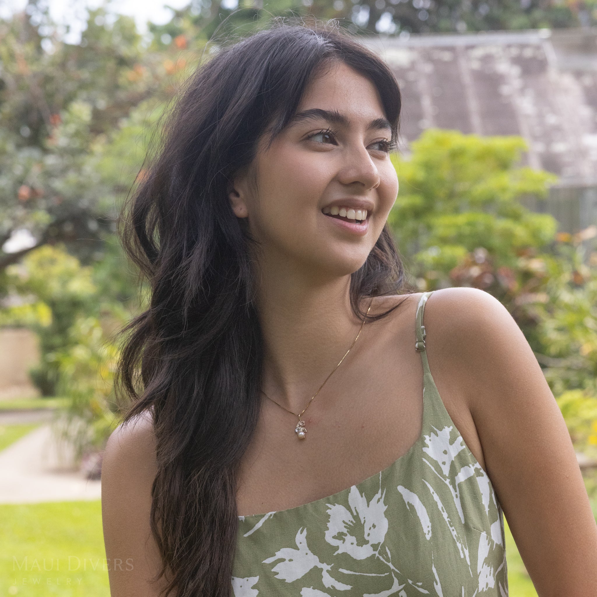 パール イン ブルームプルメリア ラベンダー 淡水パール ペンダント ダイヤモンド トライカラー ゴールド 7-8mm