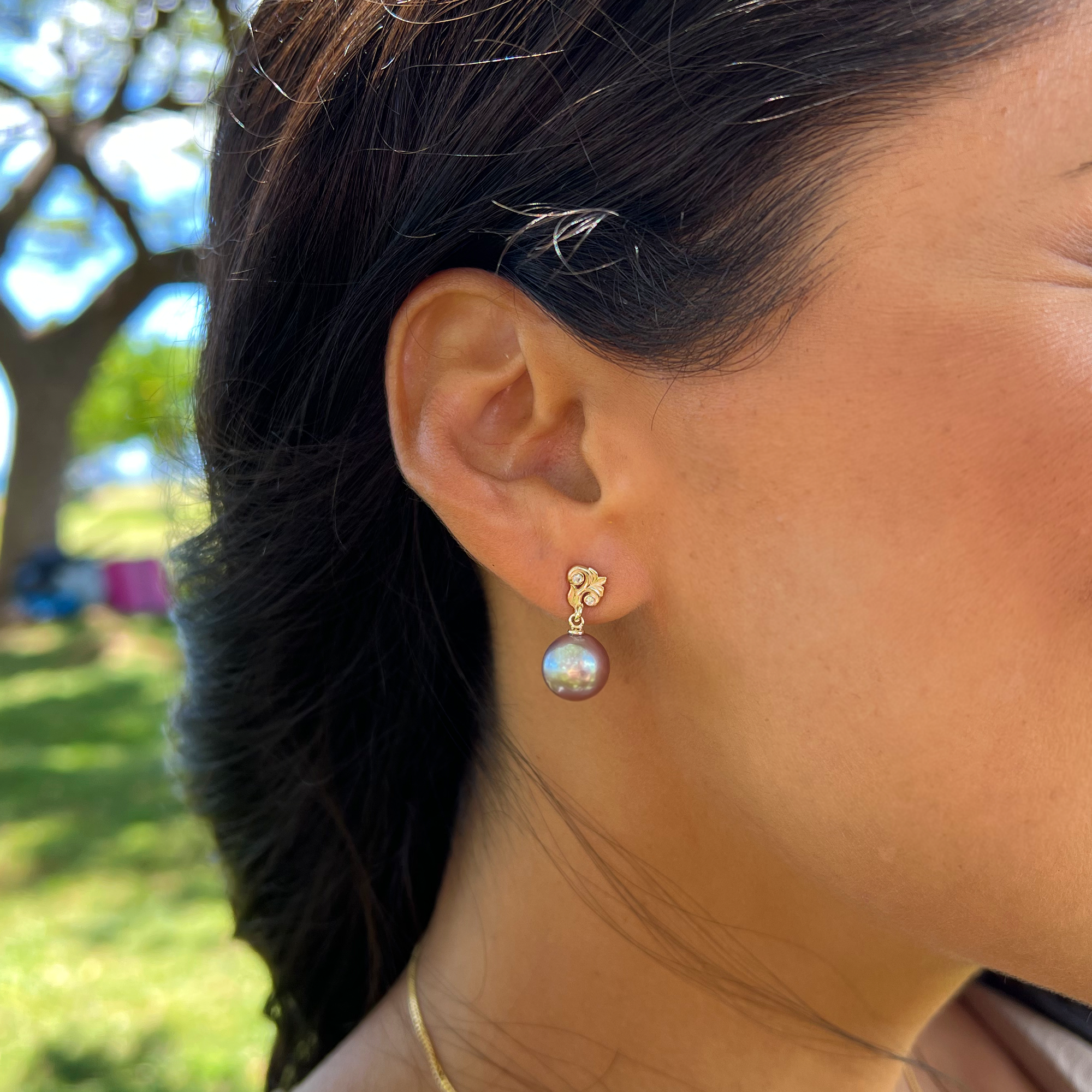 リビングヘアルーム ライラック 淡水パール ピアス ダイヤモンド ゴールド 8mm