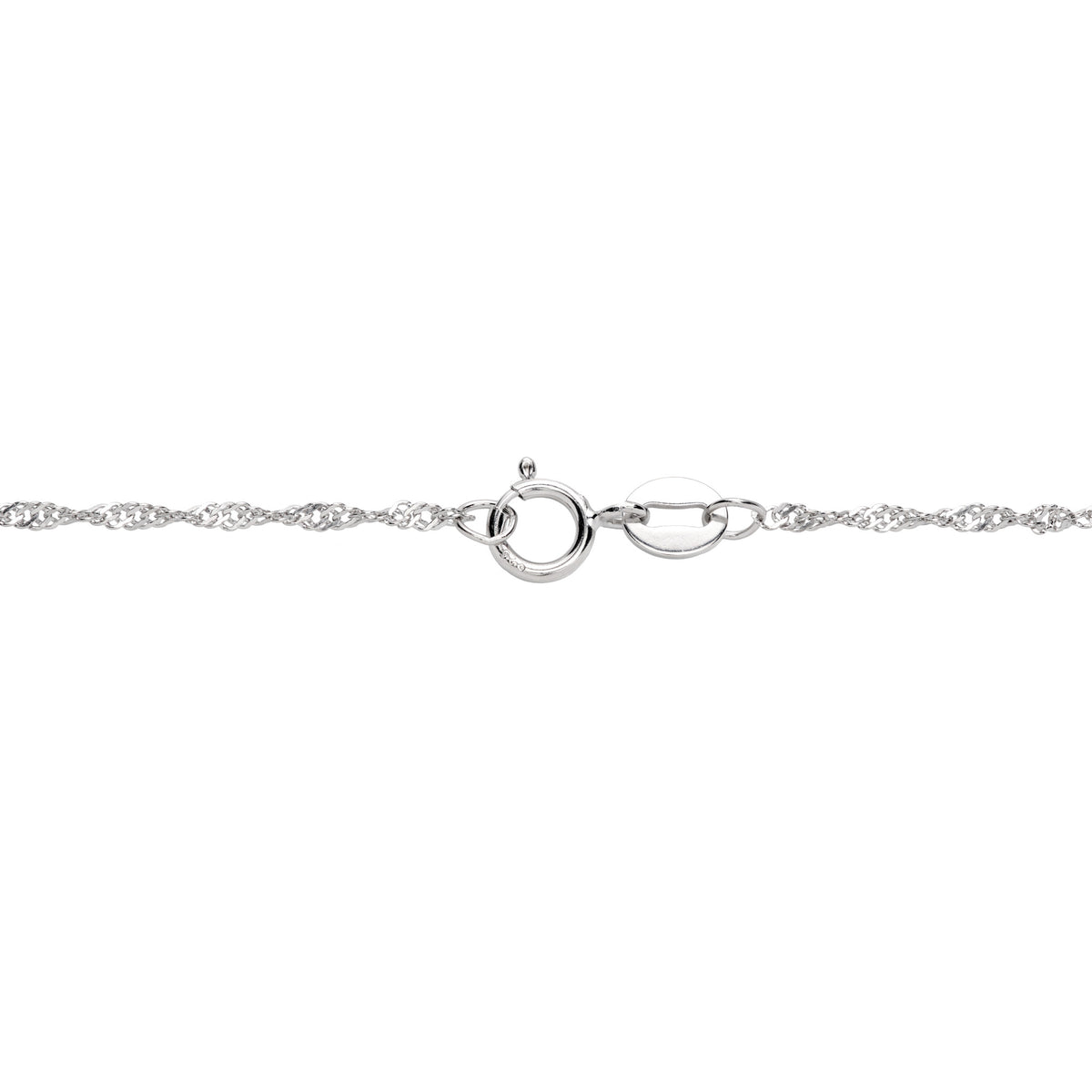Detail shot a round clasp on a Sterling Silver Singapore chain, placed on a White Background