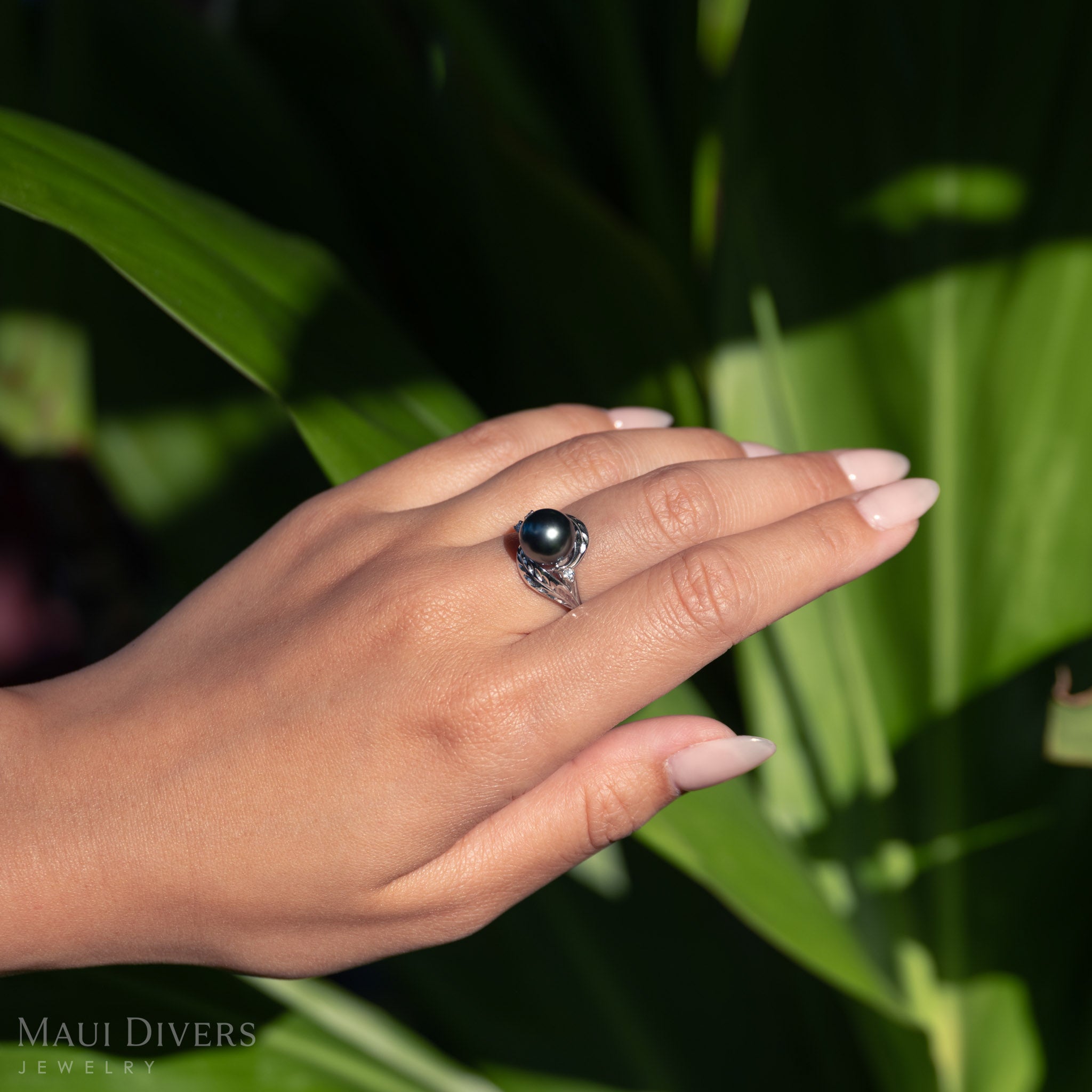 Maile Leaf Tahitian Black Pearl Ring in White Gold with Diamonds