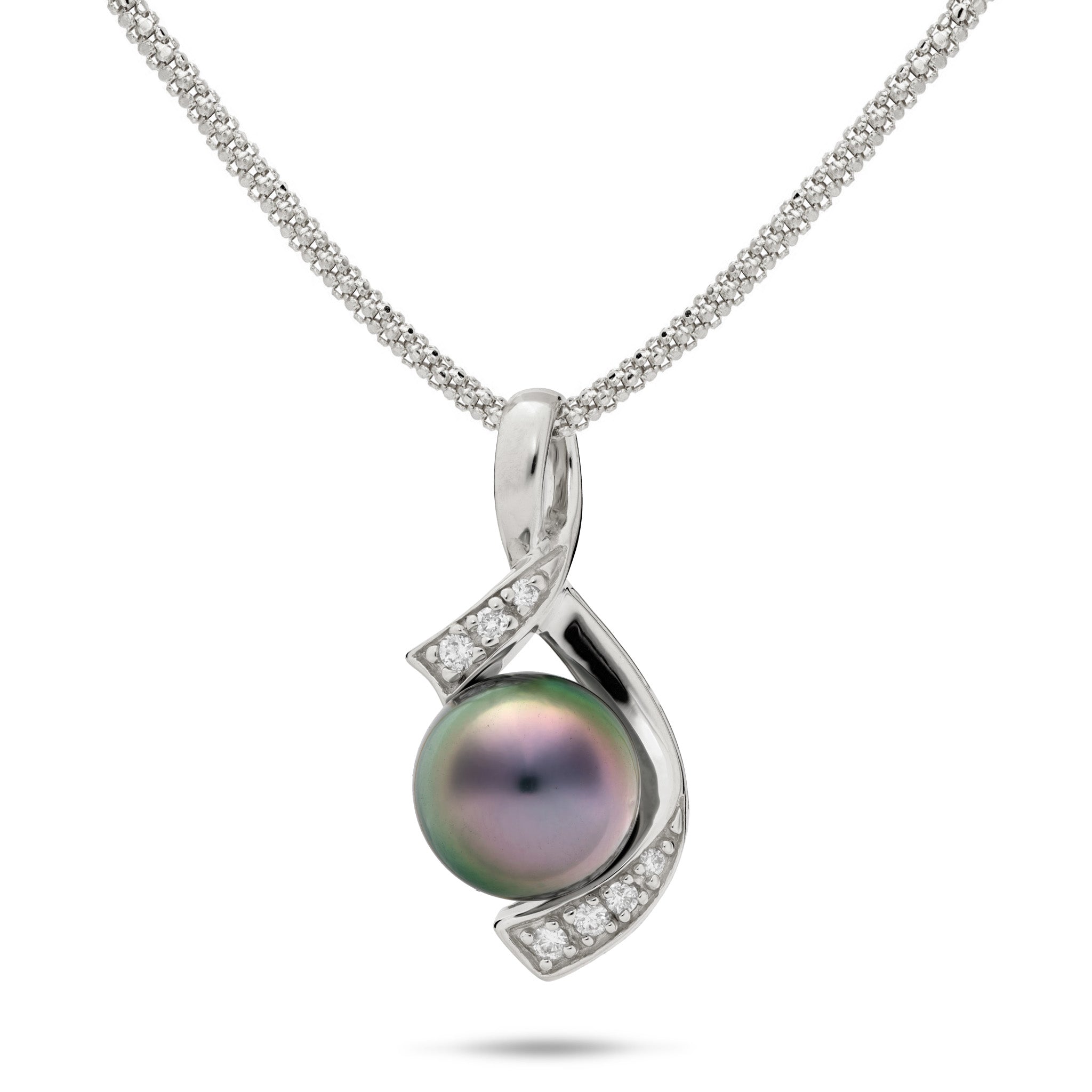 10-11mm Tahitian Black Pearl and Diamond Ribbon Style Pendant in White Gold on a 1.6mm Popcorn Chain against a white background