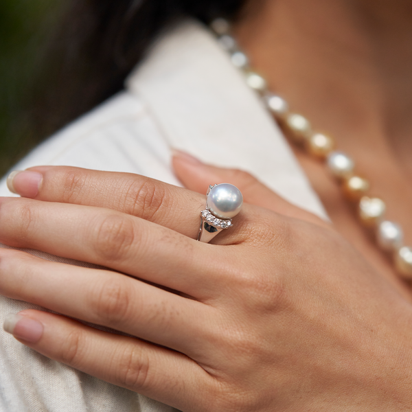 南海白真珠のリング、ダイヤモンドとホワイトゴールド -  12-13mm