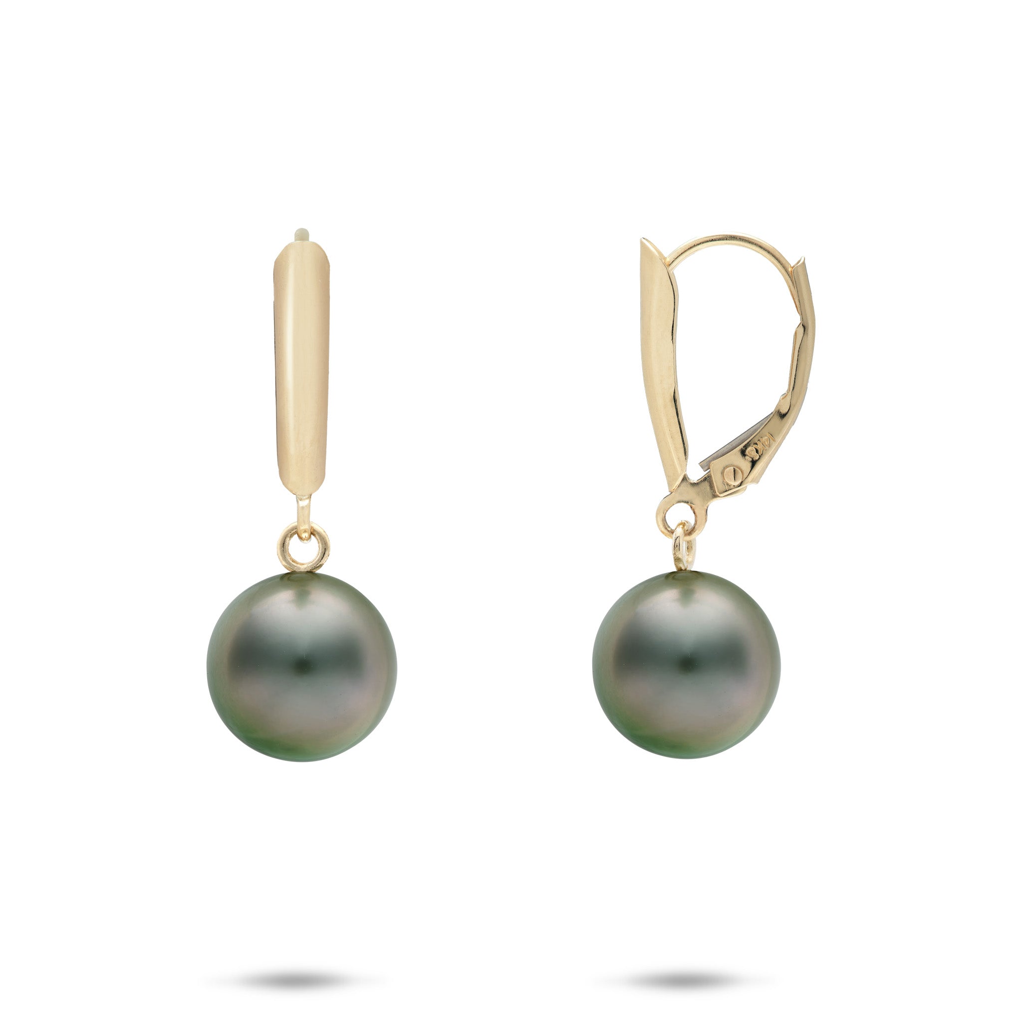 9-10mm Tahitian Black Pearl Leverback Earrings in 14k Yellow Gold on a white background