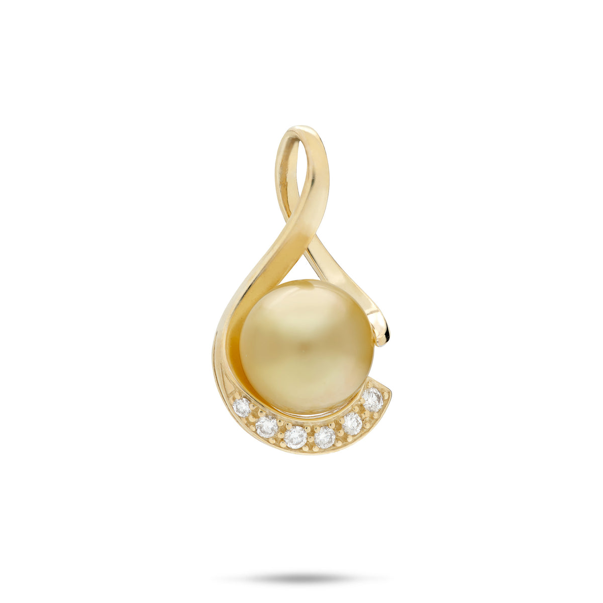 A 14k yellow gold vertical infinity-style pendant featuring a large round South Sea Golden pearl nestled in a curved, twisted gold setting with a row of diamonds along the bottom curve, shown on a white background.