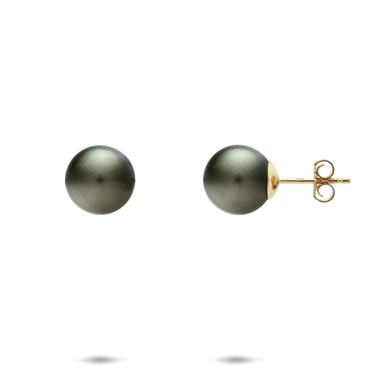 Tahitian Black Pearl Stud Earrings with 14k Yellow Gold post, placed on a white background