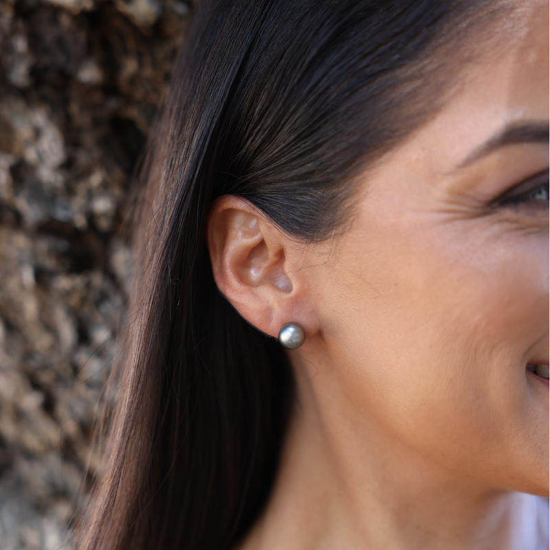 Maui Divers Jewelry Tahitian Black Pearl Earrings in Gold on Ear