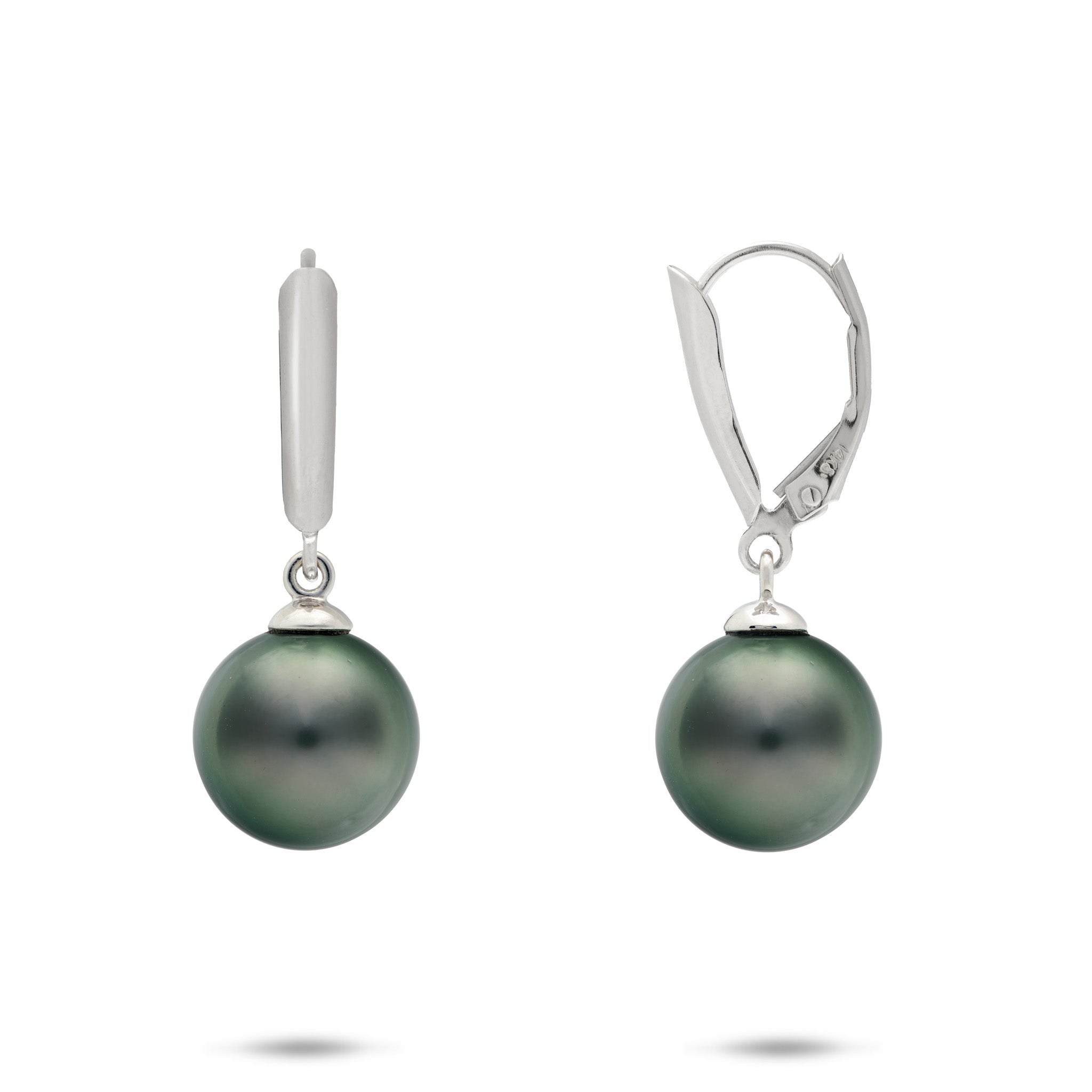 10-11mm Tahitian Black Pearl Leverback Earrings in 14k White Gold on a white background