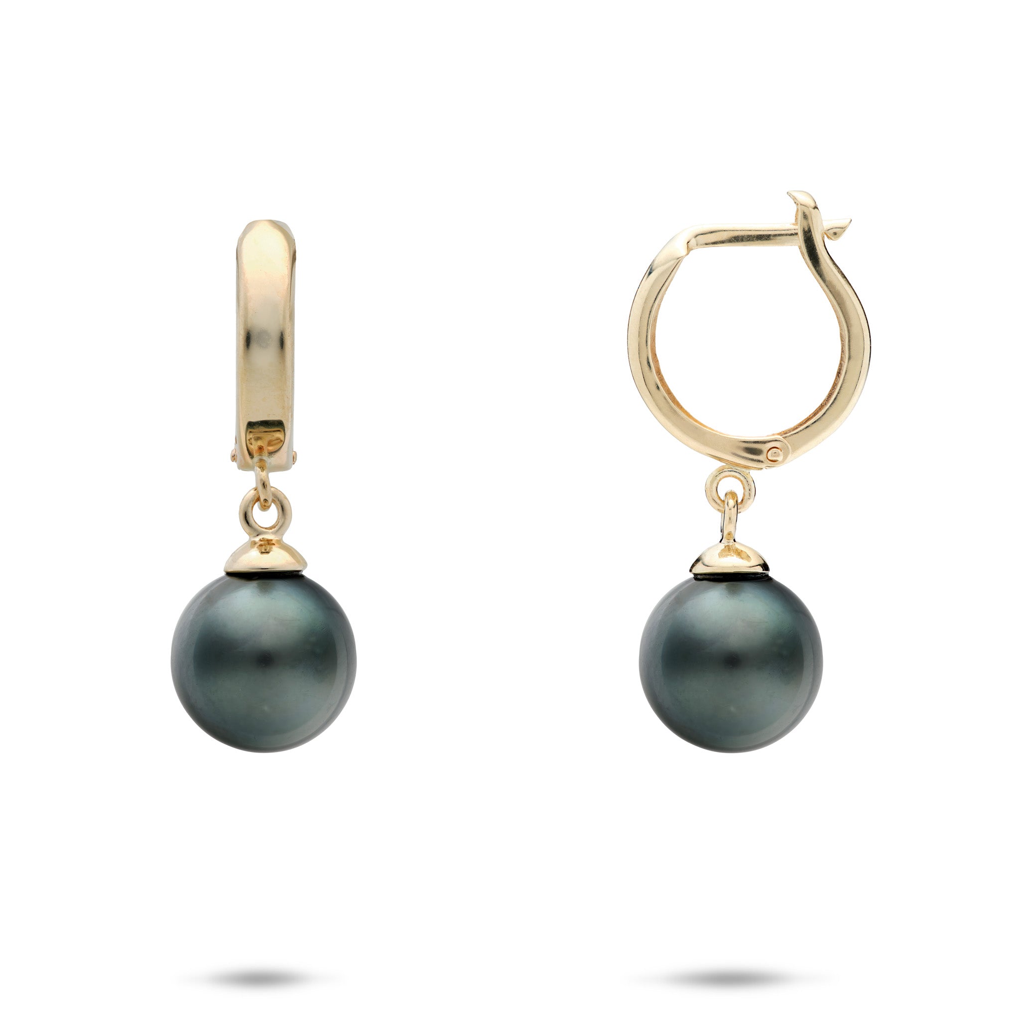 9-10mm Tahitian Black Pearl French Clip Earrings in 14k Yellow Gold on a white background