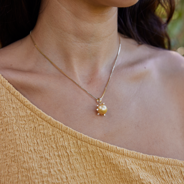 Protea South Sea Gold Pearl Pendant in Gold with Diamonds - 10-11mm
