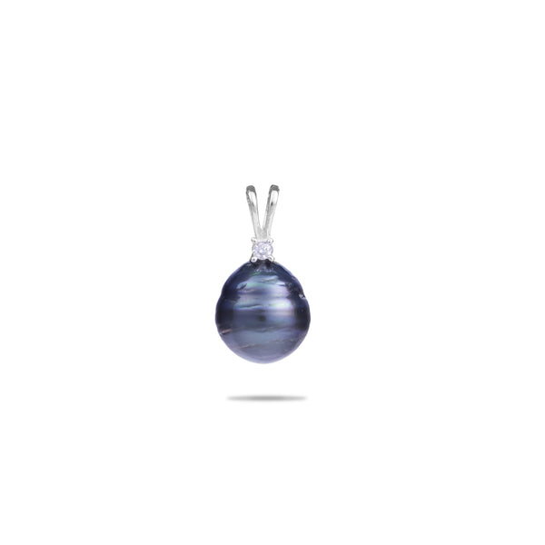 Tahitian Black Pearl Pendant in White Gold with Diamond - 8-10mm