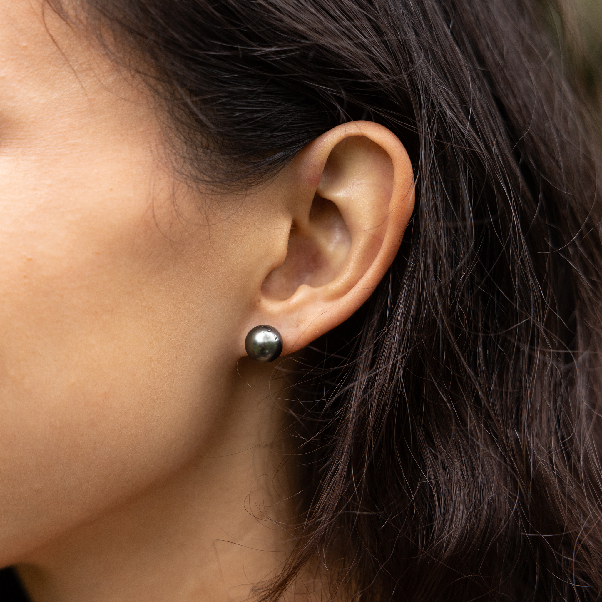 Boucles d'oreilles noires tahitiennes en or blanc - 9-10 mm
