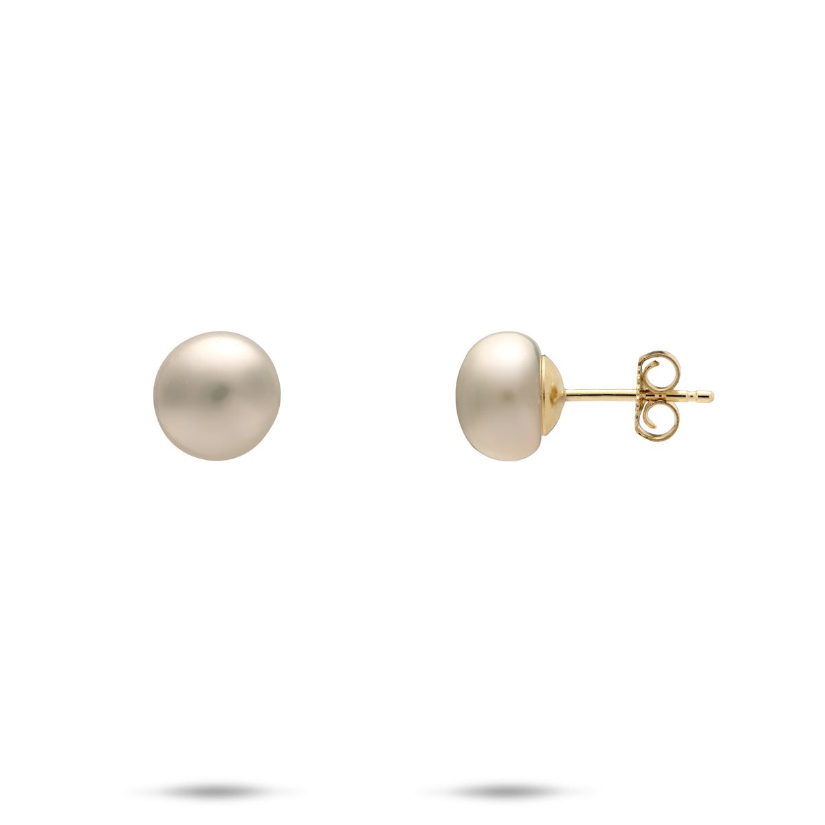8-9mm Freshwater Button Pearl Earrings with 14k Yellow Gold posts, placed on a white background