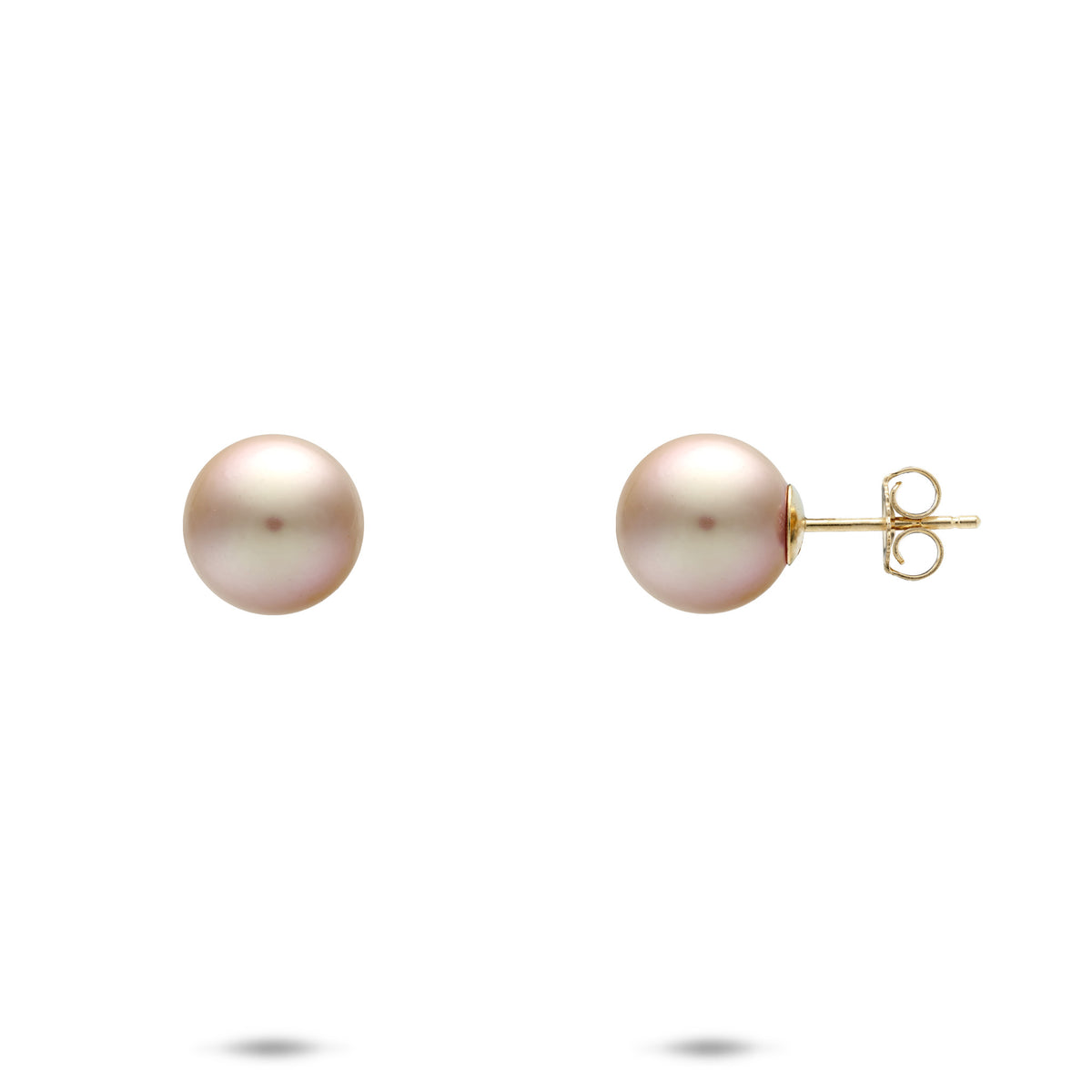 A pair of round 8-9mm soft lavender color freshwater pearl stud earrings, one facing forward and one showing the side profile with a gold post and butterfly back, on a clean white background.