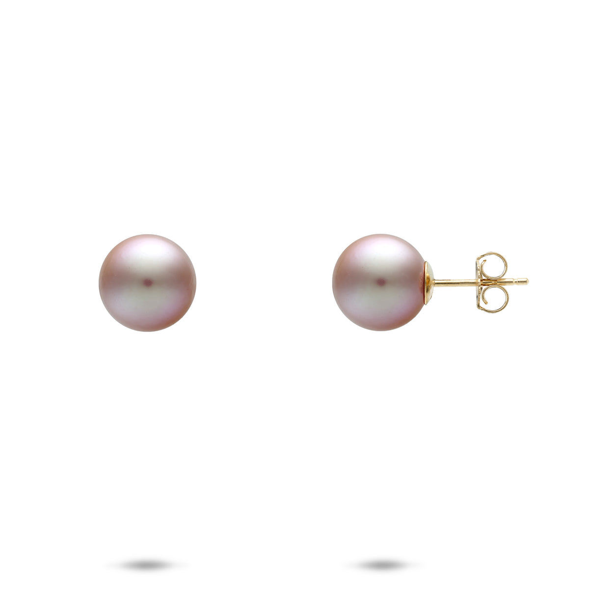 A pair of round 8-9mm freshwater pearl stud earrings, one shown from the front displaying a soft pinkish-lavender luster and the other from the side showing a gold post and butterfly back, set against a plain white background.