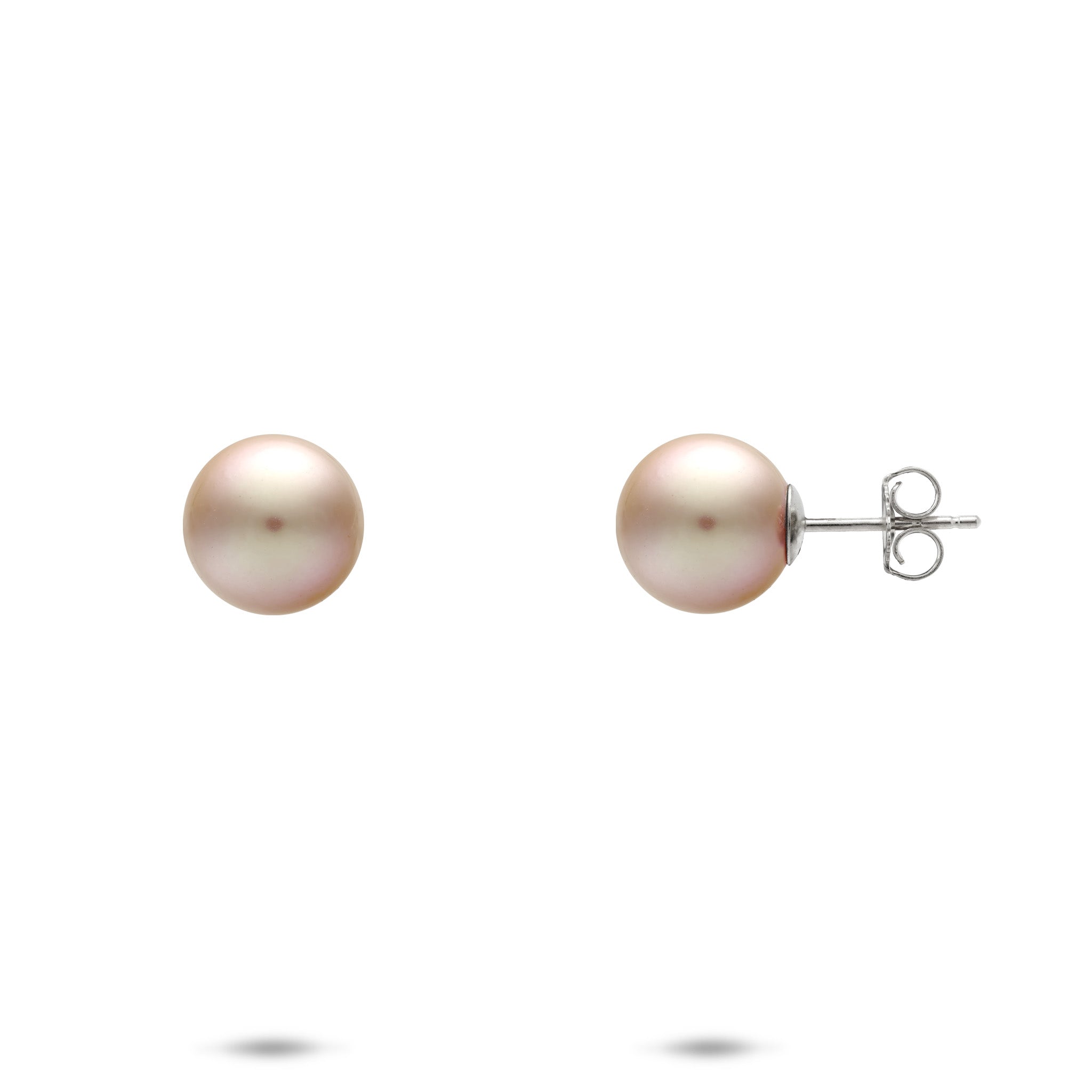 A pair of round 8-9mm freshwater pearl stud earrings, one shown from the front displaying a soft lavender overtone and the other from the side showing a white gold post and butterfly back, set against a plain white background.
