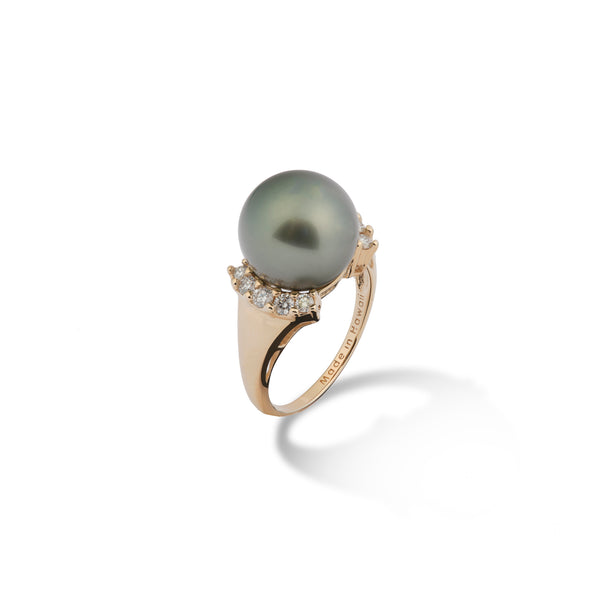 ダイヤモンドと金のタヒチの黒真珠のリング -  12-13mm