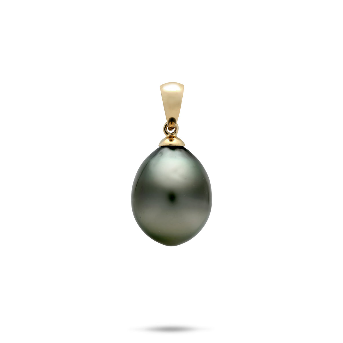 A simple 14k yellow gold drop Tahitian black pearl pendant with a high-polish bail, shown on a white background