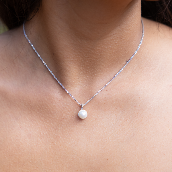 Halo Akoya White Pearl Pendant in White Gold with Diamonds - 8-8.5mm