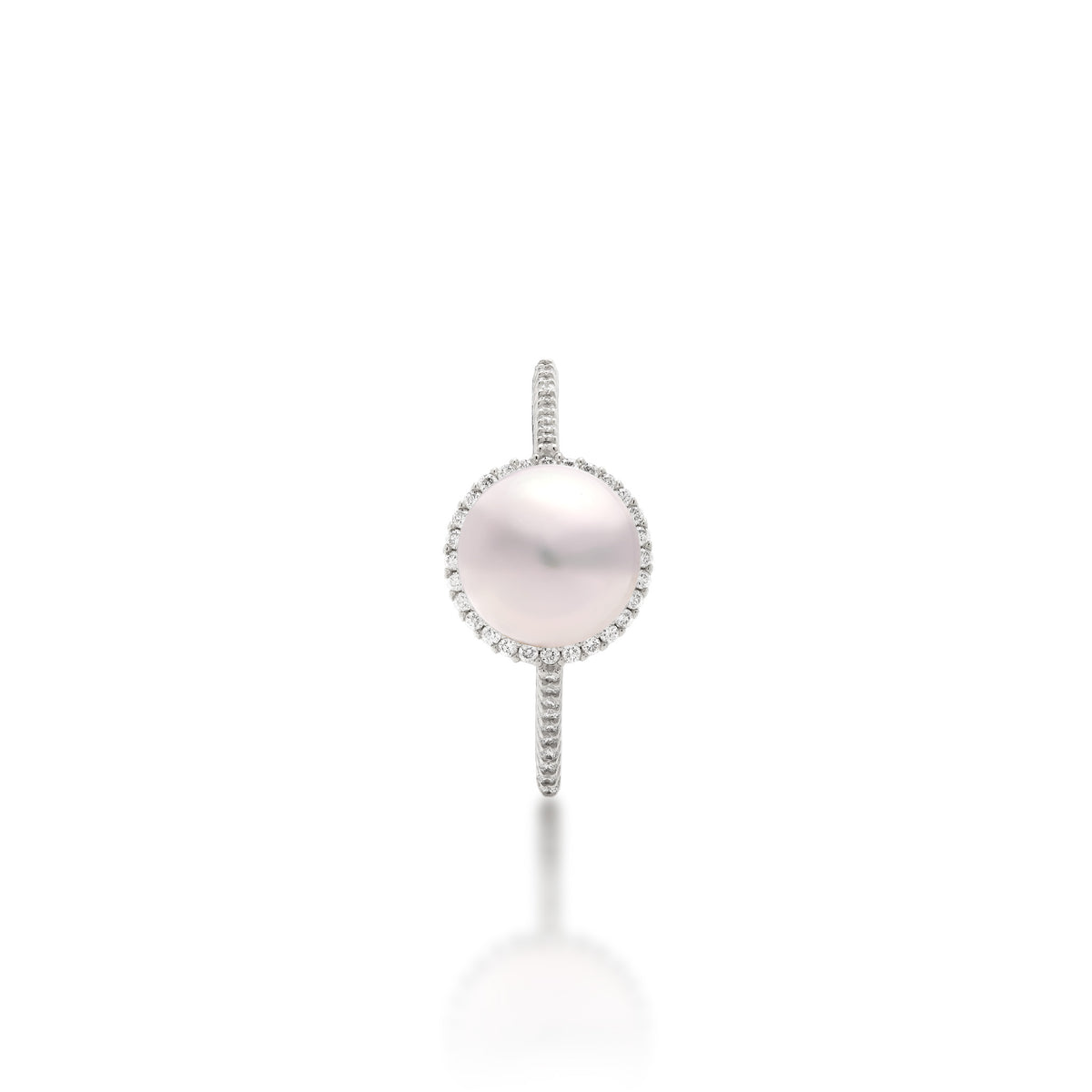 Top view of a 14k white gold ring featuring an 8-9mm Akoya white pearl surrounded by a diamond halo, set on a diamond band, shown on a white background with a soft reflection.