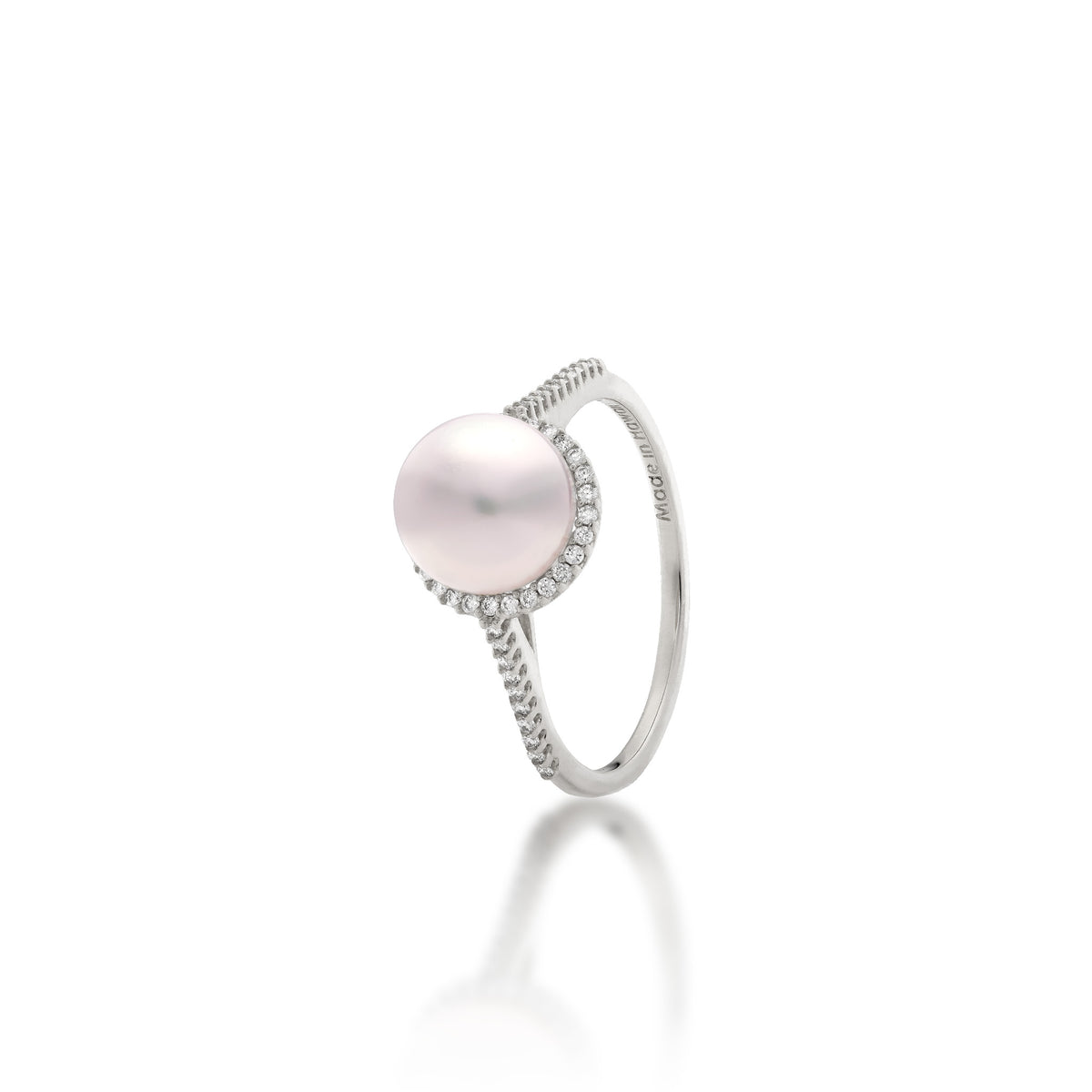 A 14k white gold ring featuring an 8-9mm Akoya white pearl surrounded by a diamond halo, set on a diamond band, shown on a white background with a soft reflection.