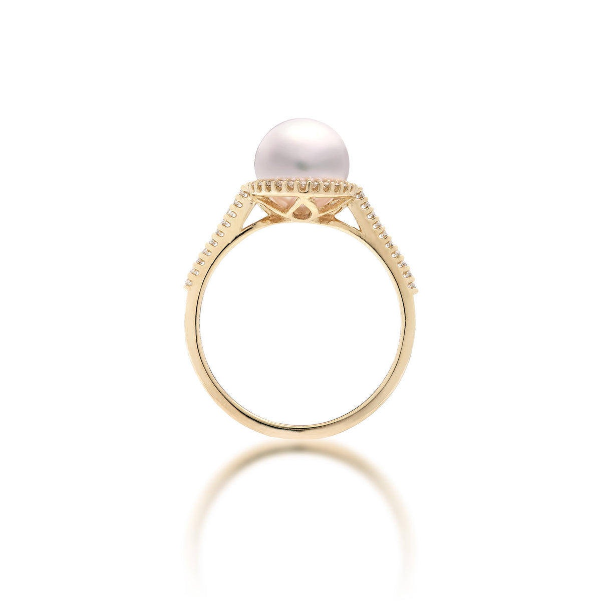 Side view of a 14k yellow gold ring featuring an 8-9mm Akoya white pearl surrounded by a diamond halo, set on a diamond band, shown on a white background with a soft reflection.