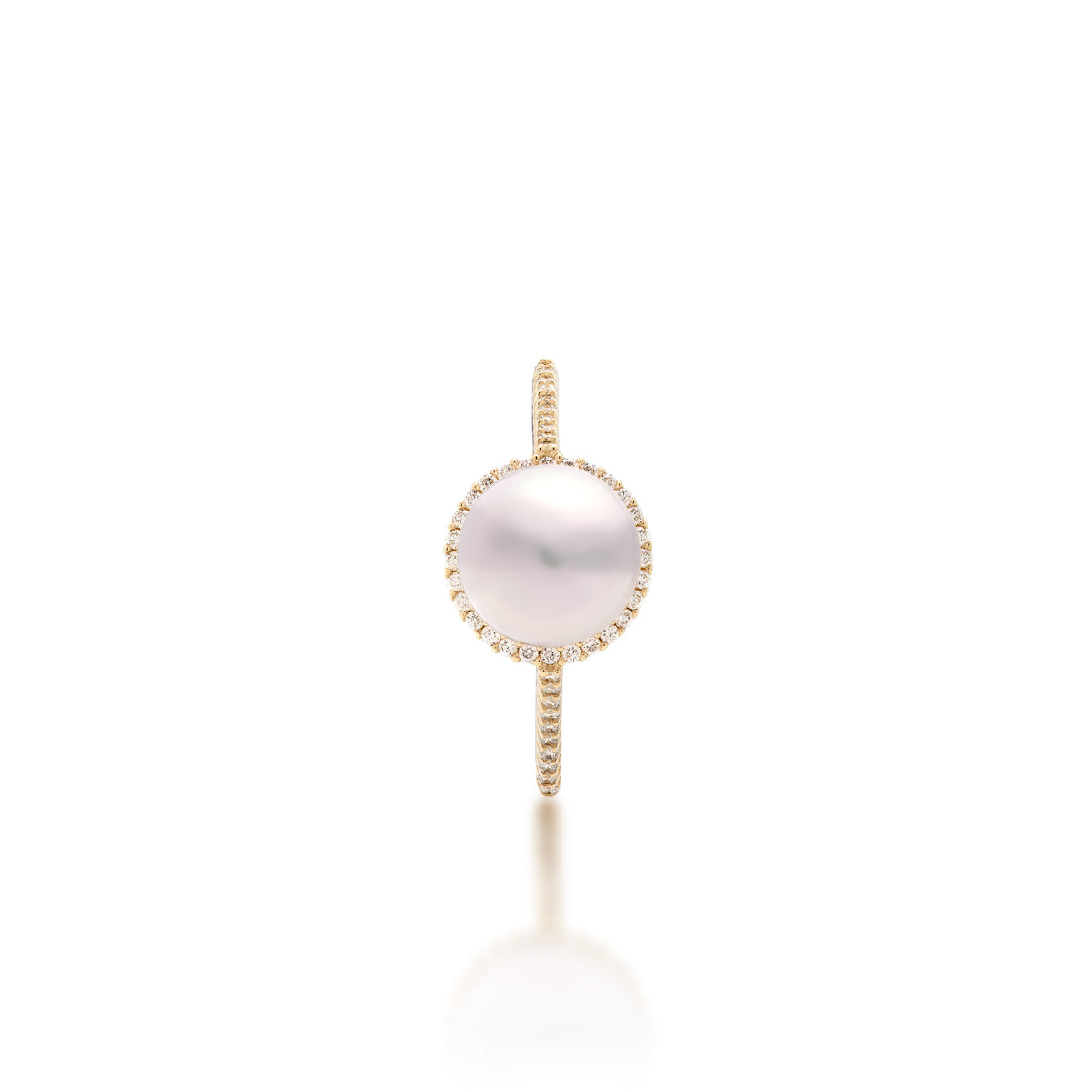 Top view of a 14k yellow gold ring featuring an 8-9mm Akoya white pearl surrounded by a diamond halo, set on a diamond band, shown on a white background with a soft reflection.