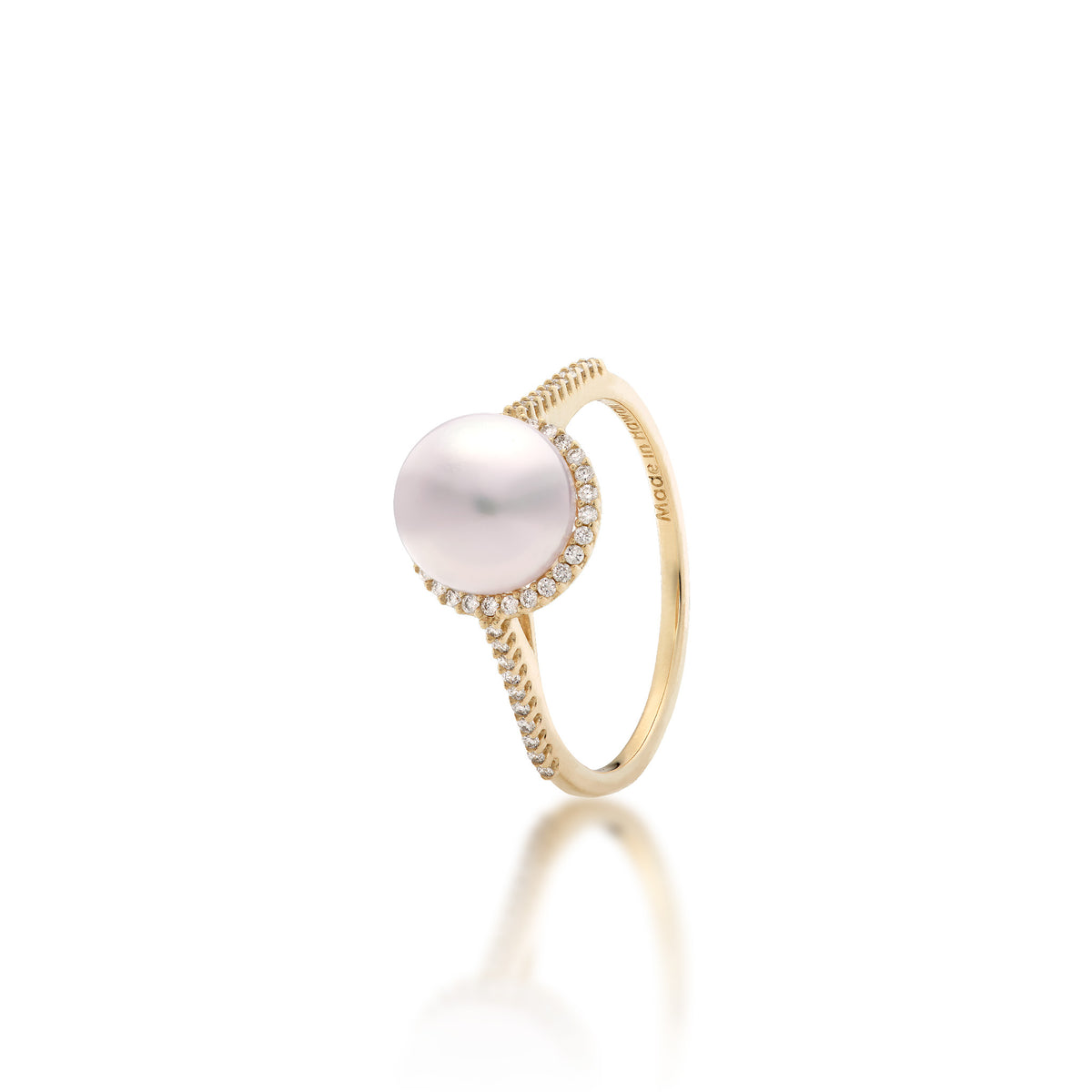 A 14k yellow gold ring featuring an 8-9mm Akoya white pearl surrounded by a diamond halo, set on a diamond band, shown on a white background with a soft reflection.
