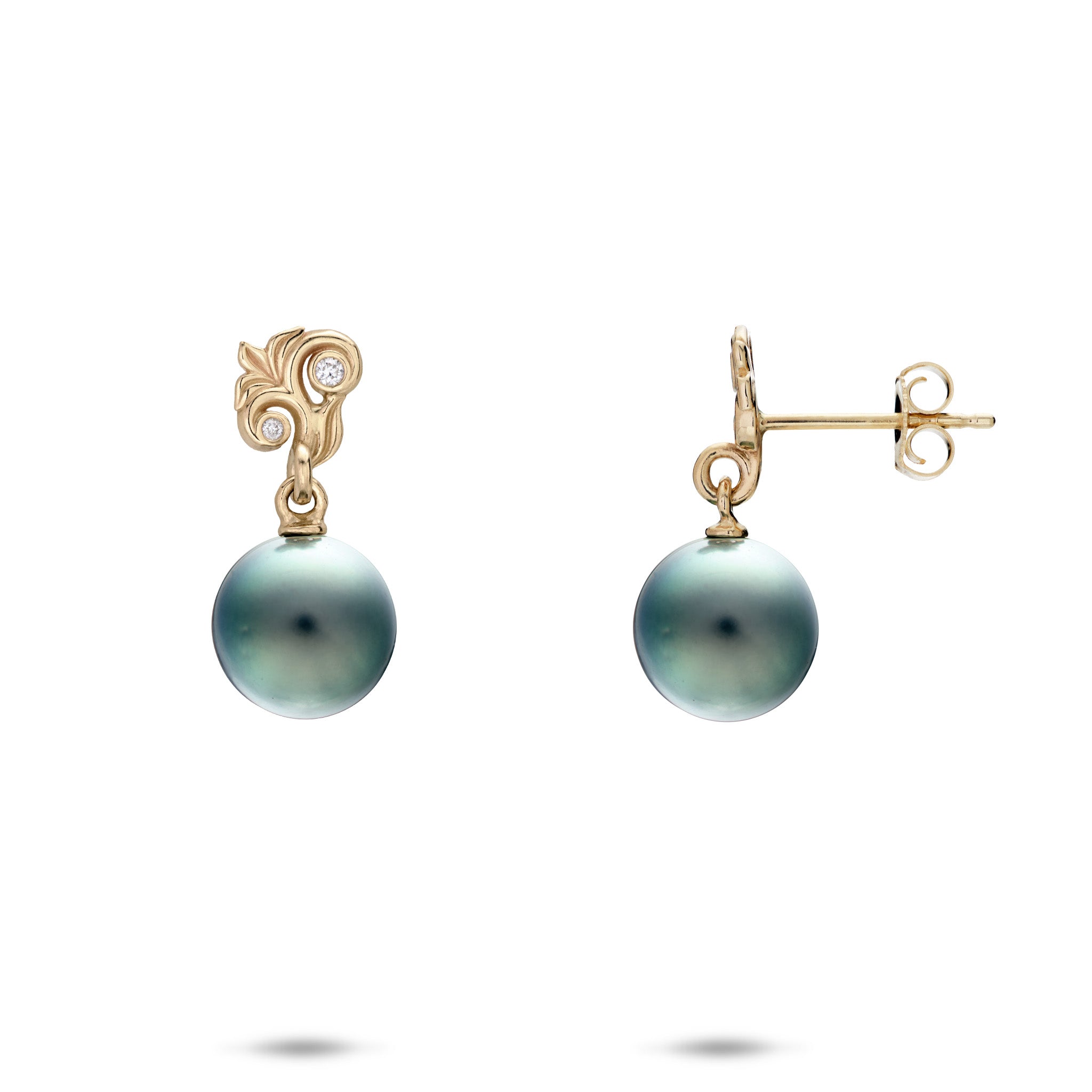 8-9mm Living Heirloom Tahitian Black Pearl Stud Earrings in 14k Yellow Gold with Diamonds on a white background