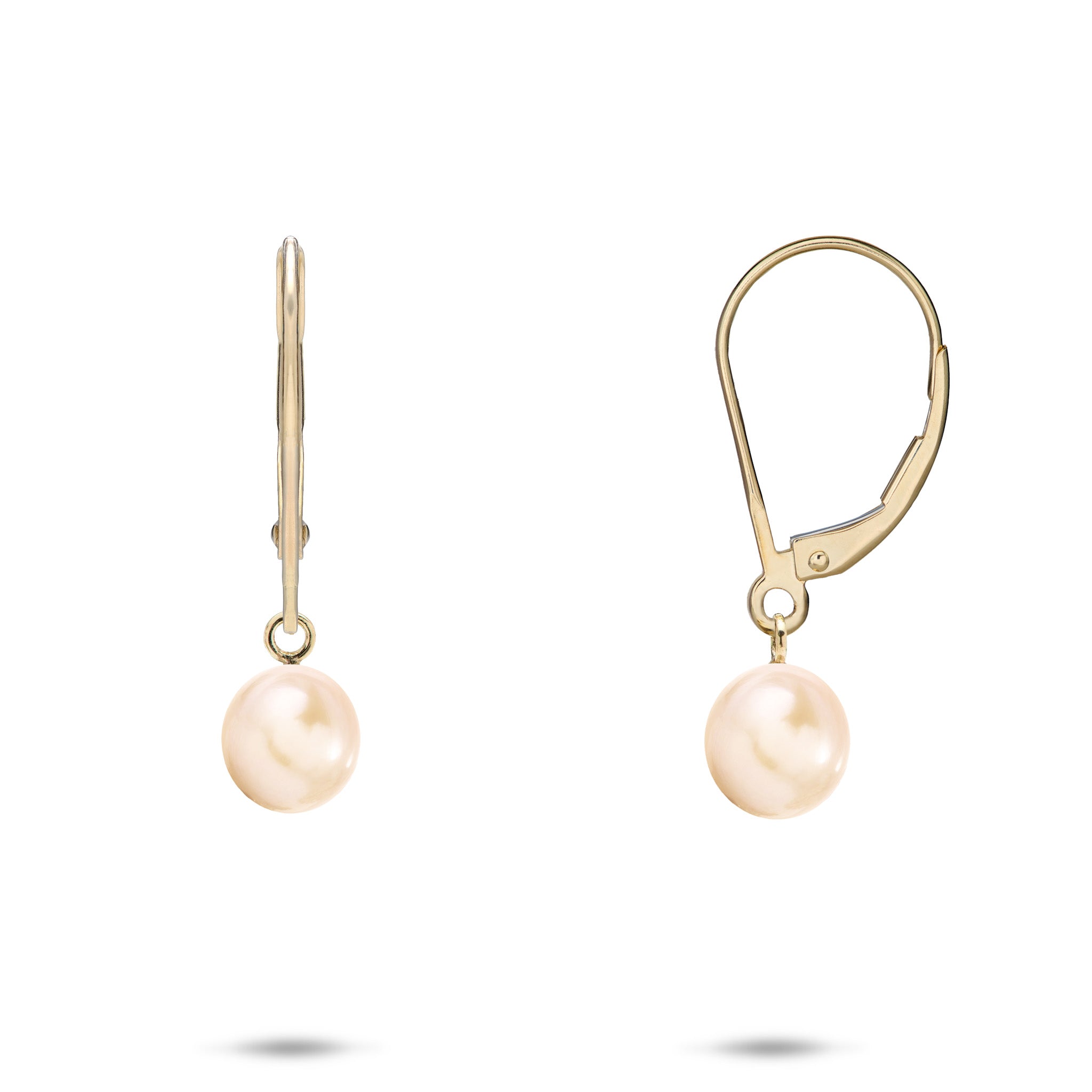 F7-8m Peach Freshwater Pearl Leverback Earrings in 14k Yellow Gold on a white background