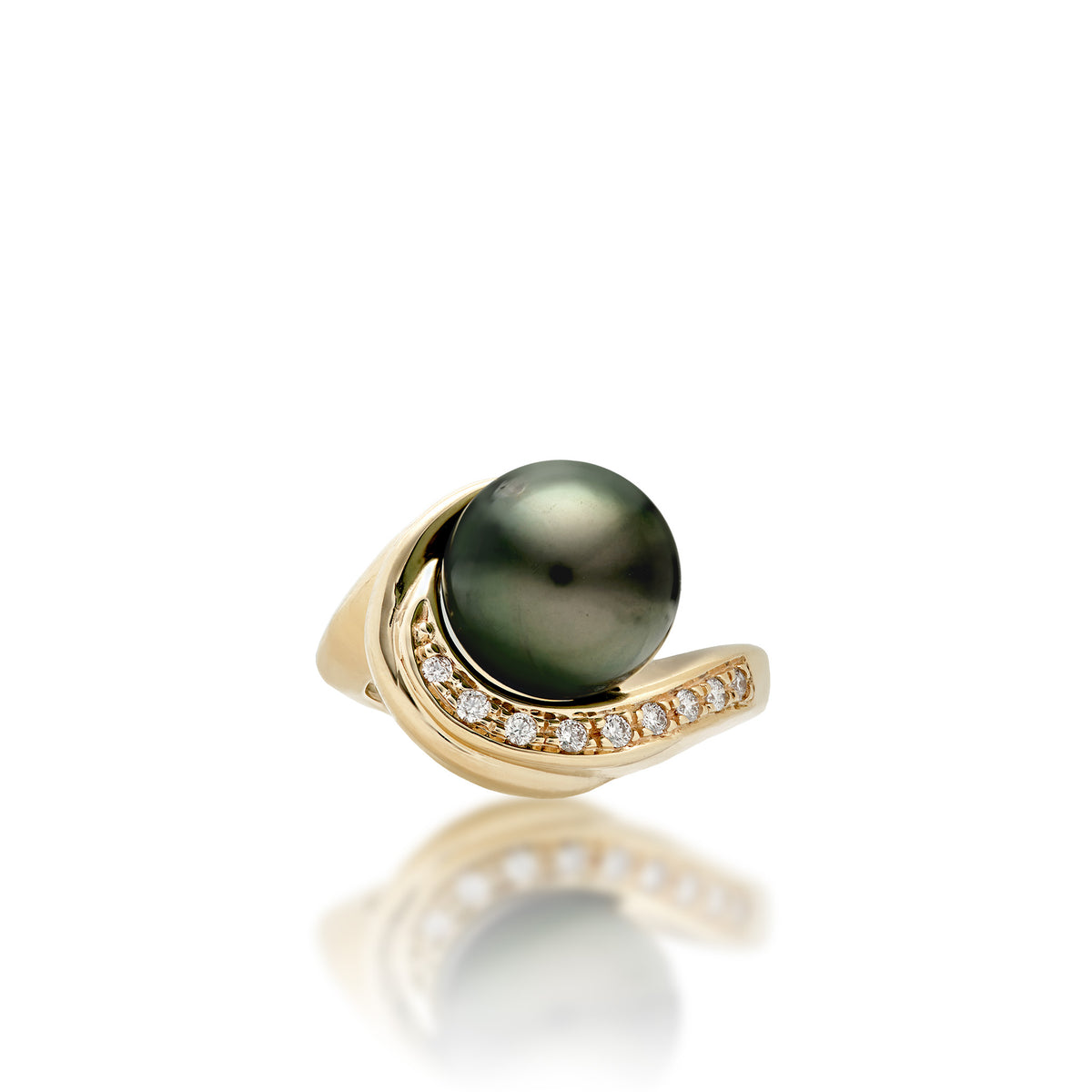 Top view of a 14k yellow gold ring with a curved band along the top with a row of diamonds that swirl toward an 11-12mm Tahitian black pearl, shown on a white background with a soft reflection