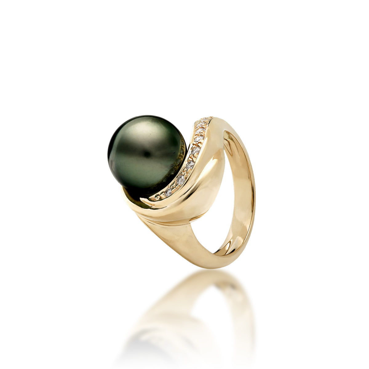 A 14k yellow gold ring with a curved band along the top with a row of diamonds that swirl toward an 11-12mm Tahitian black pearl, shown on a white background with a soft reflection