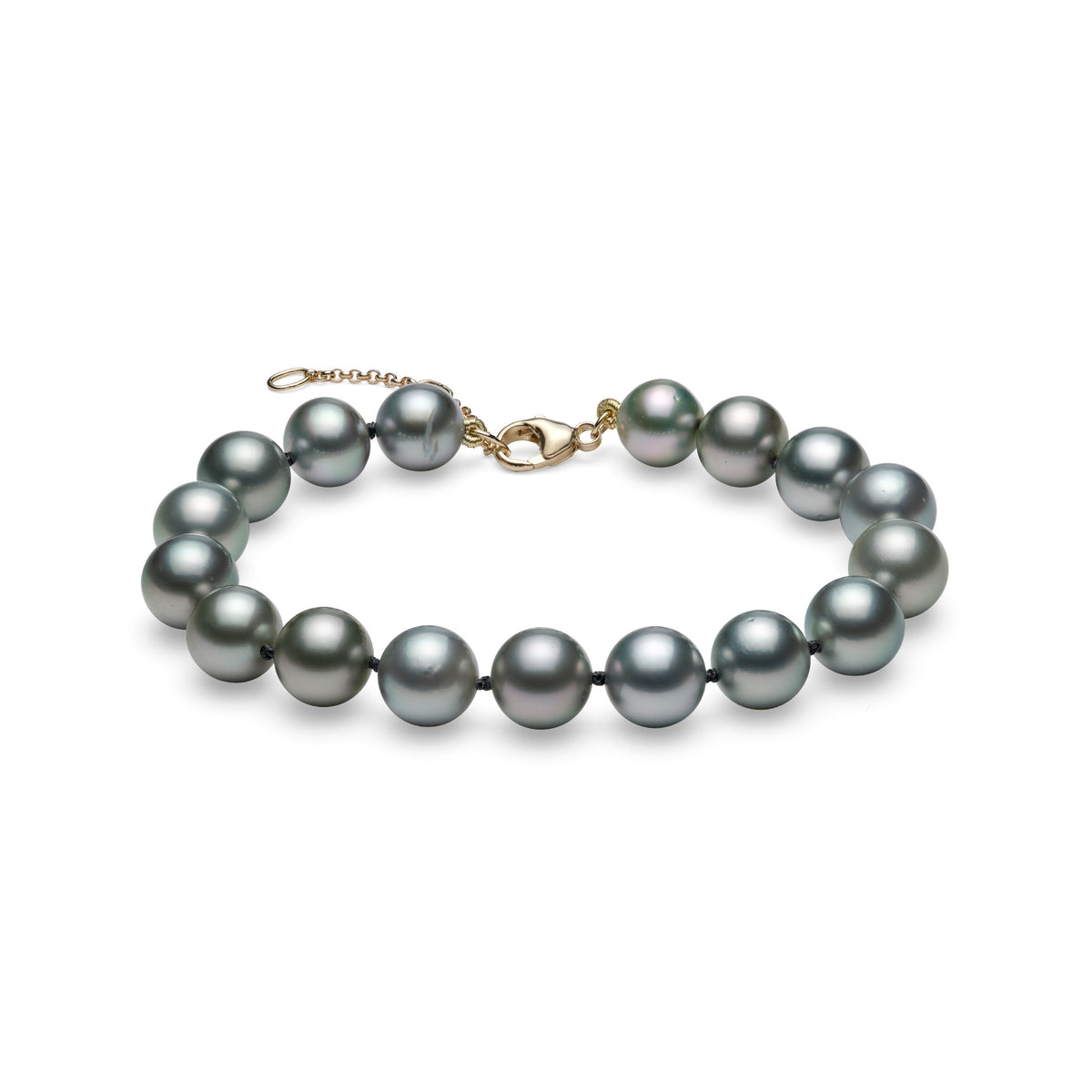 A Tahitian Black Pearl Bracelet with 9-10mm Pearls with a 14k yellow gold lobster claw clasp and adjustable chain on a white background