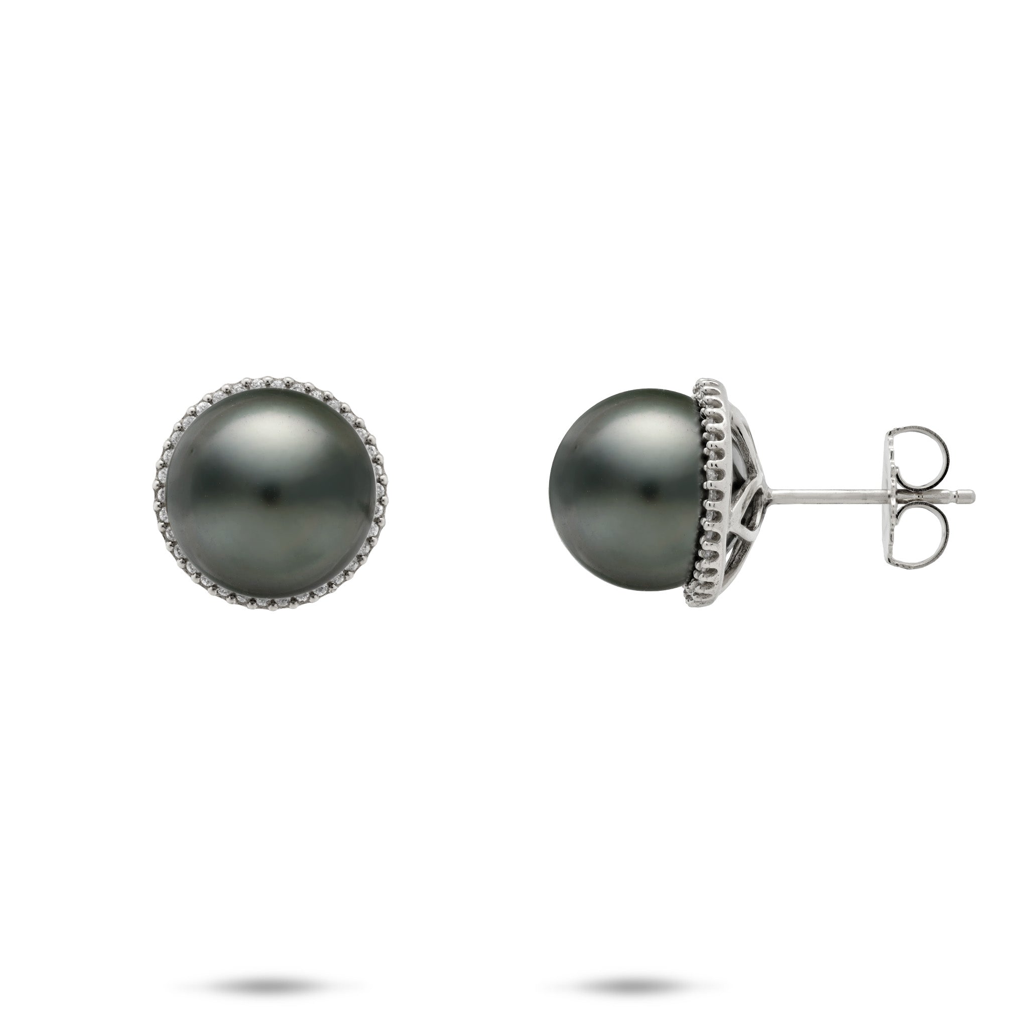 A pair of 14k white gold stud earrings featuring 9-10mm Tahitian black pearls with a diamond halo, shown from both front and side angles on a white background.