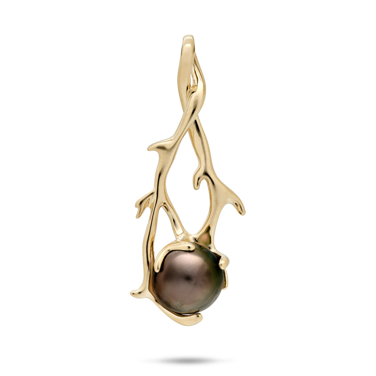 A teardrpop shaped pendant in 14k yellow gold with a coral-branch design that wraps a Tahitian black pearl at the bottom, shown on a white background