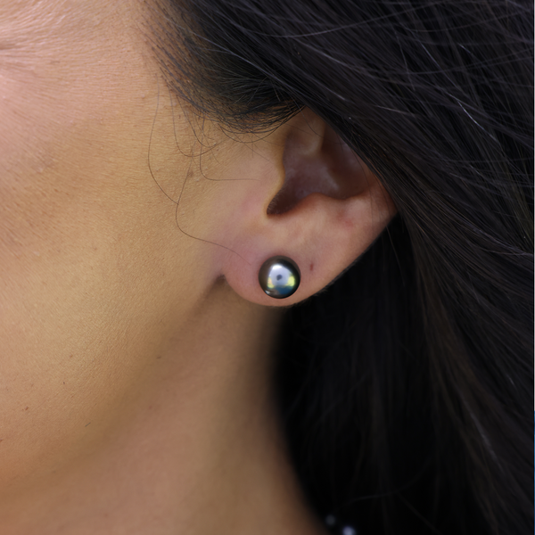 Boucles d'oreilles noires tahitiennes en or blanc - 8-9 mm