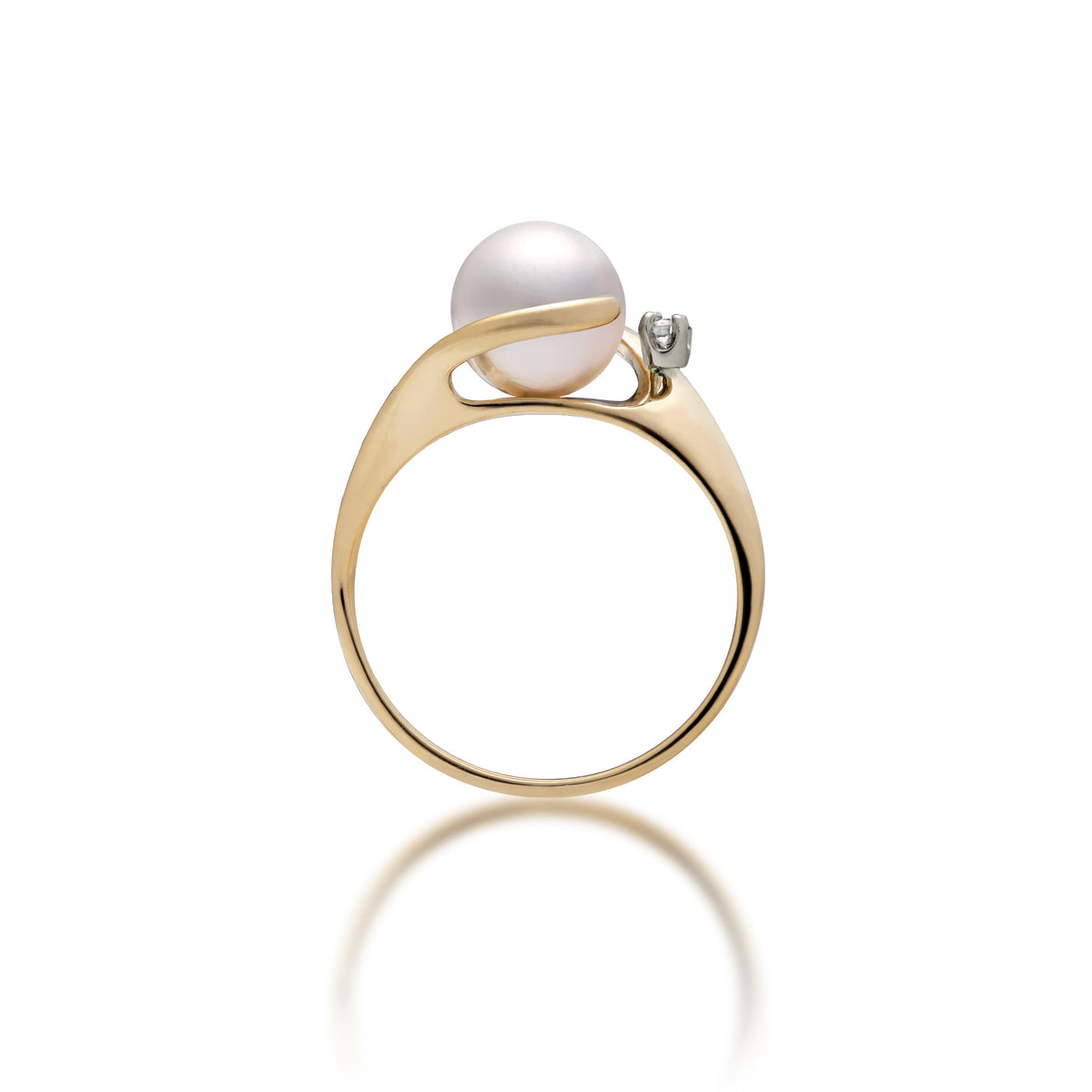 Profile view of a 14k yellow gold ring with soft curves at the crown that frame a diamond-accented Akoya white pearl, shown on a white background