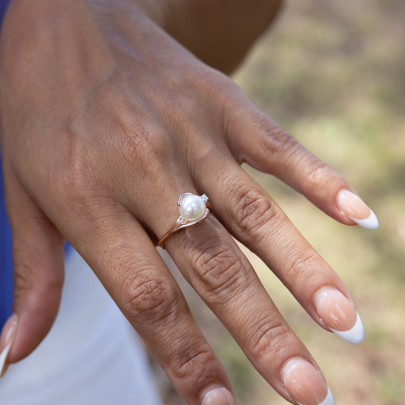 Plumeria Akoya White Pearl Ring in Rose, White, Yellow Gold Diamonds 9- Made in Hawaii
