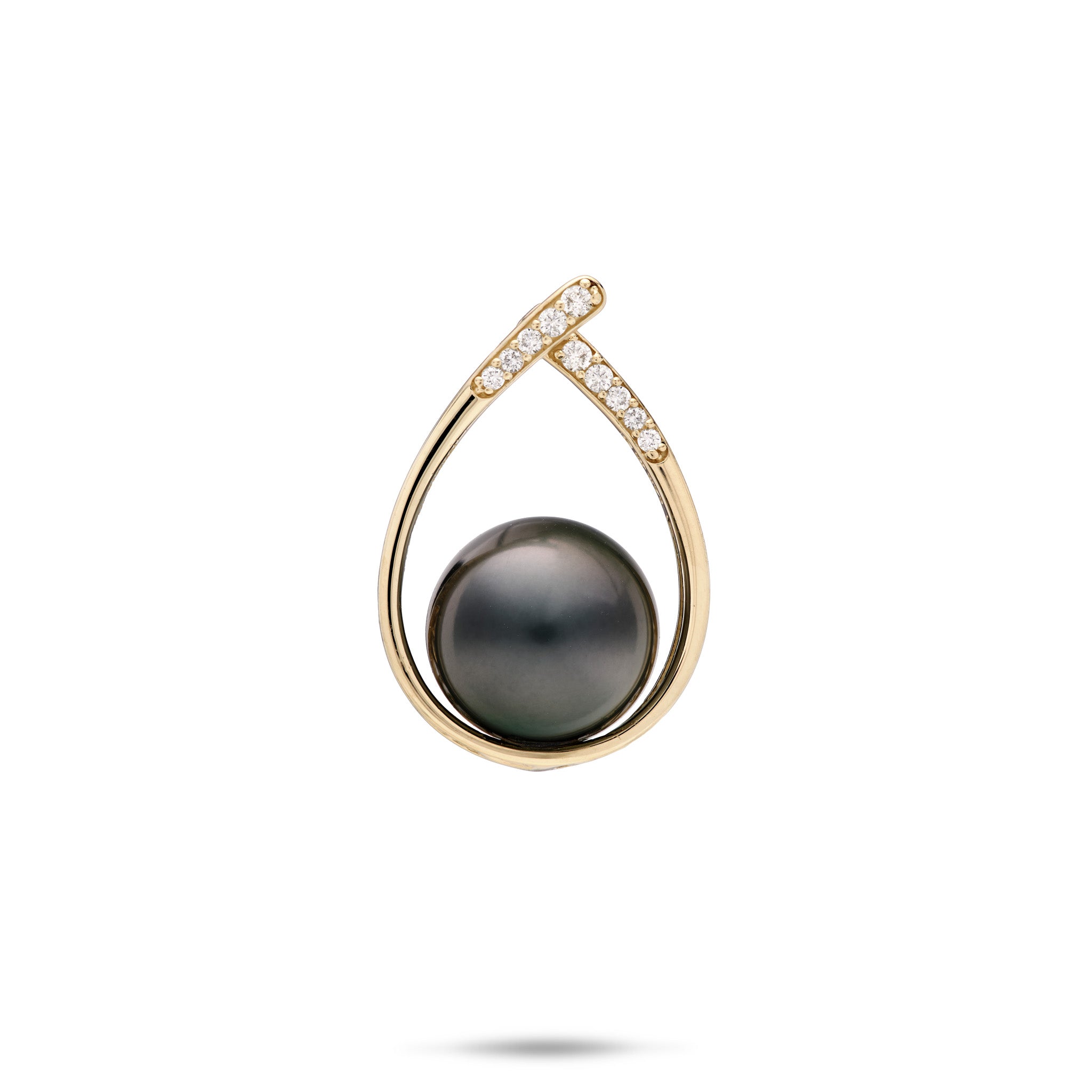 14k Yellow Gold Teardrop Pendant with Diamonds and a 10-11mm Tahitian Black Pearl Pendant on a white background