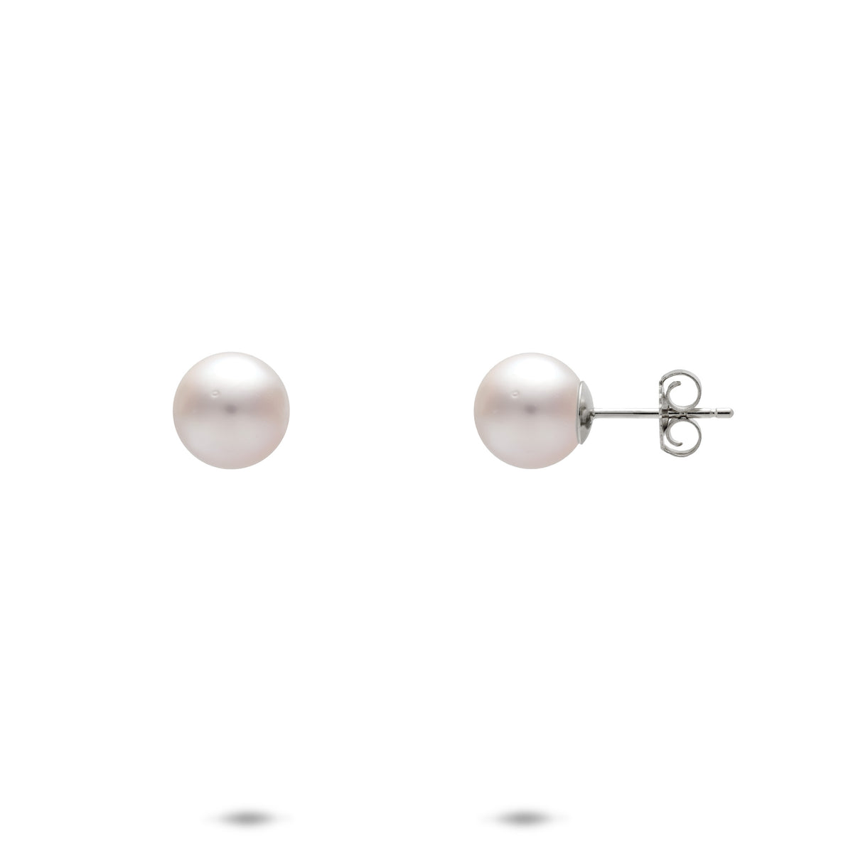 A pair of 14k white gold 7mm Akoya white pearl stud earrings, shown with a front and side profile view of the butterfly backing, on a white background