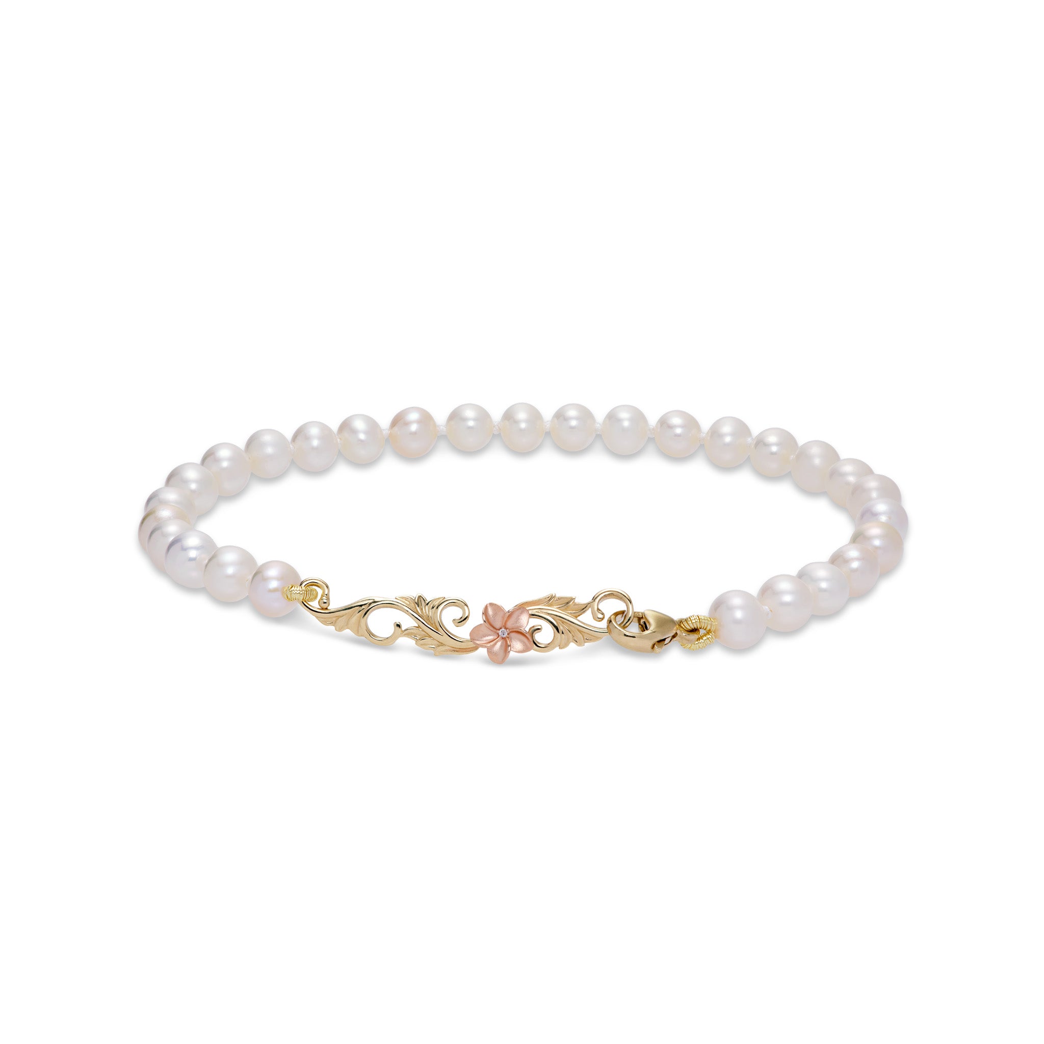 7-7.5" Hawaiian Heirloom Plumeria Freshwater White Pearl Bracelet in Two Tone Gold with Diamond