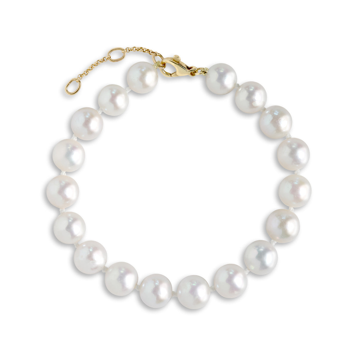 Overhead view of a white freshwater pearl bracelet with 9-10mm pearls and a 14k yellow gold lobster claw clasp and adjustable chain
