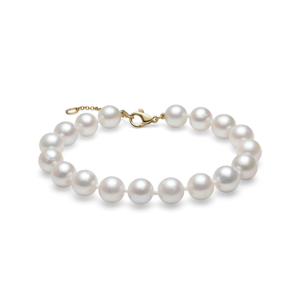 A white freshwater pearl bracelet with 9-10mm pearls and a 14k yellow gold lobster claw clasp and adjustable chain