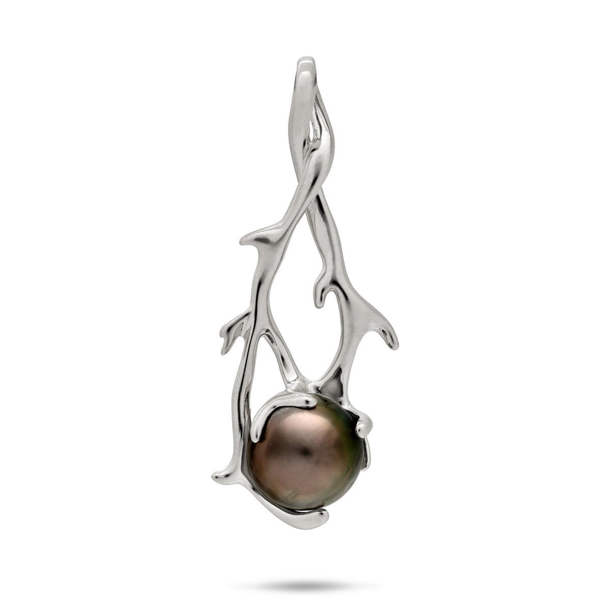 A 14k white gold teardrop pendant with a coral-branch design that wraps Tahitian black pearl at the bottom, shown on a white background