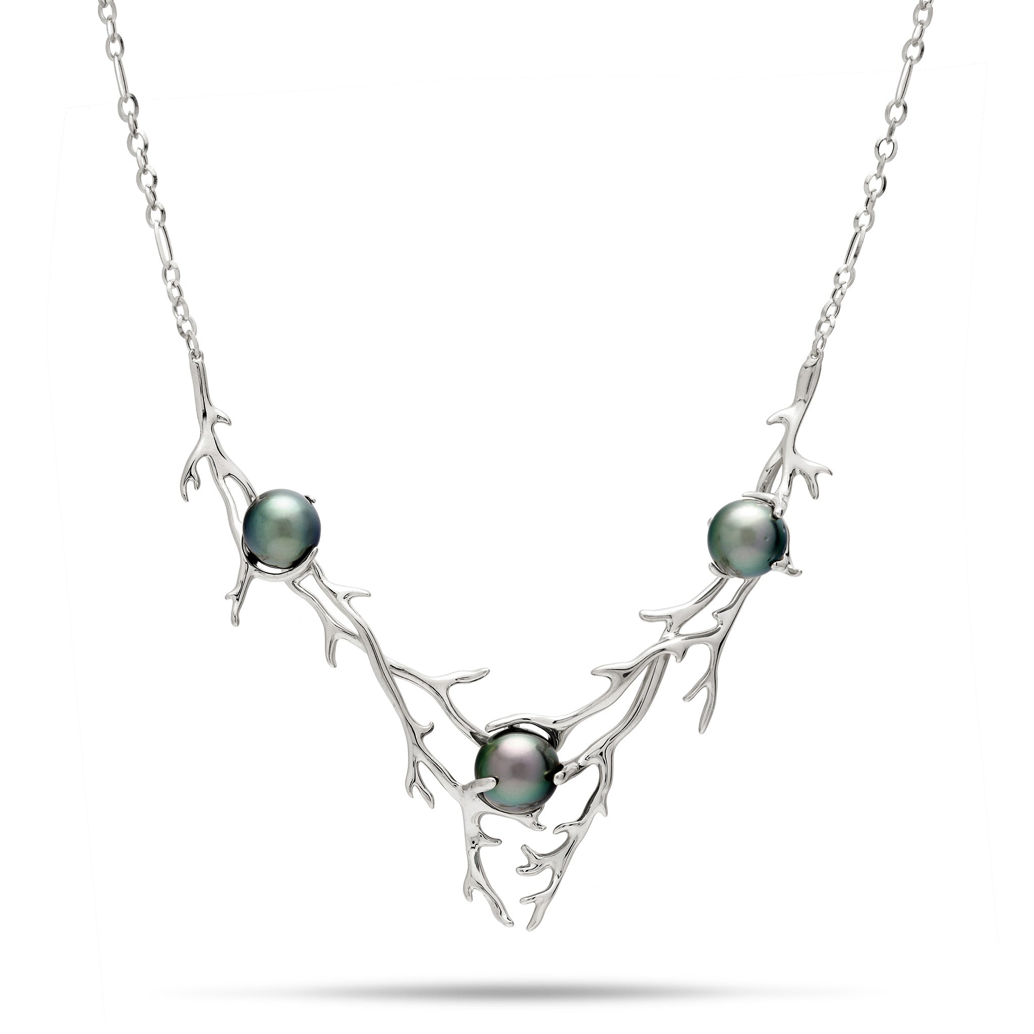 14k White Gold Heritage Collection Necklace with Hawaiian Black Coral-inspired Design and three Tahitian pearls on a white background