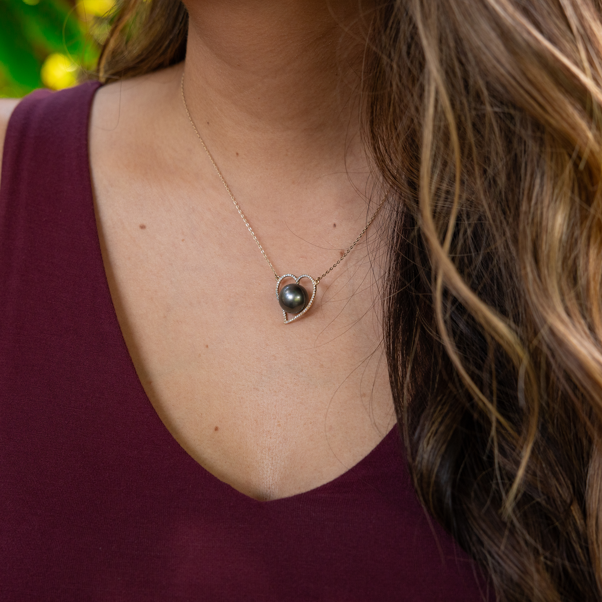 16 "Collier de coeur de perle noir tahitien en or - 12-13 mm