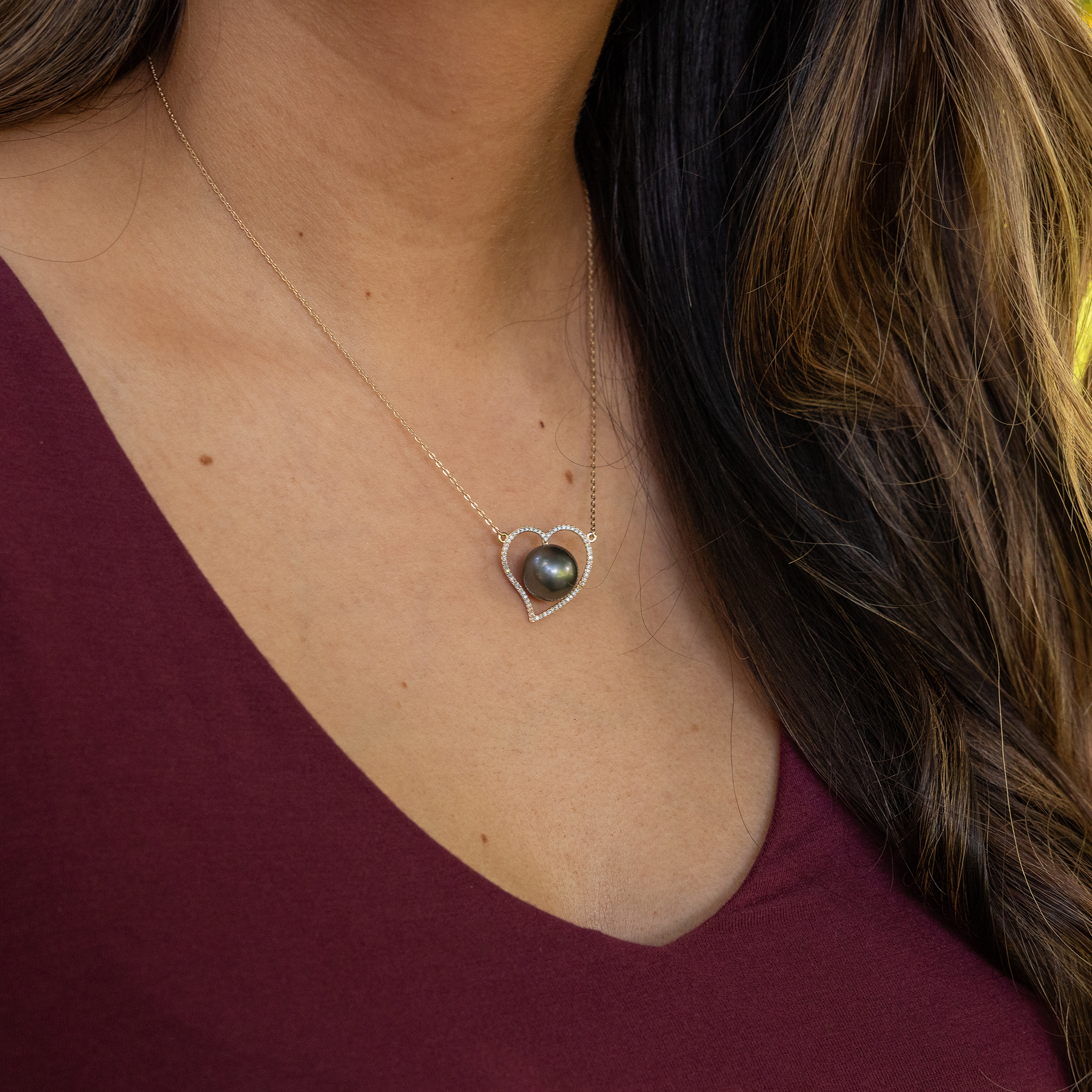 16 "Collier de coeur de perle noir tahitien en or - 12-13 mm