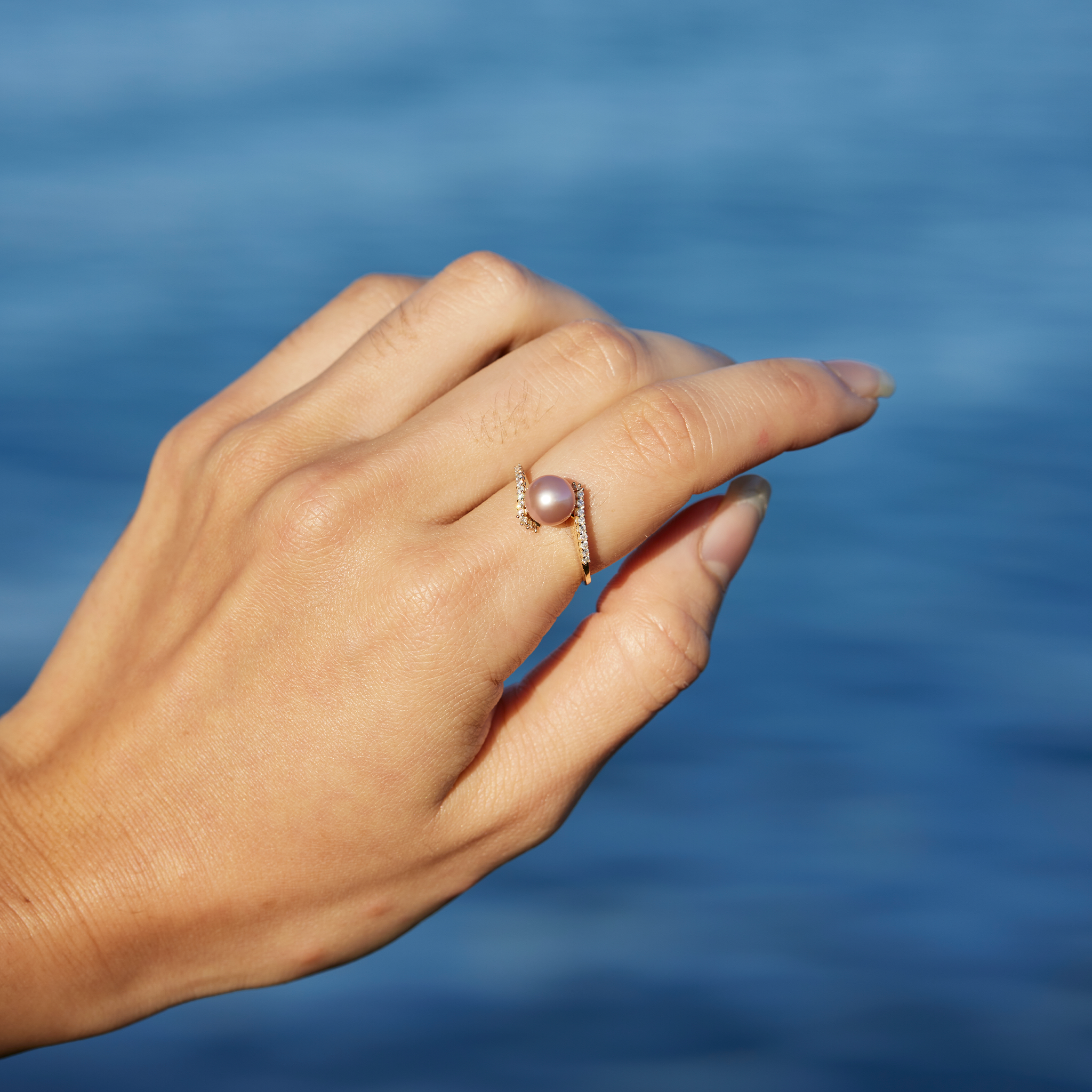 Lavender Freshwater Pearl Ring in Rose Gold with Diamonds - 9-10mm