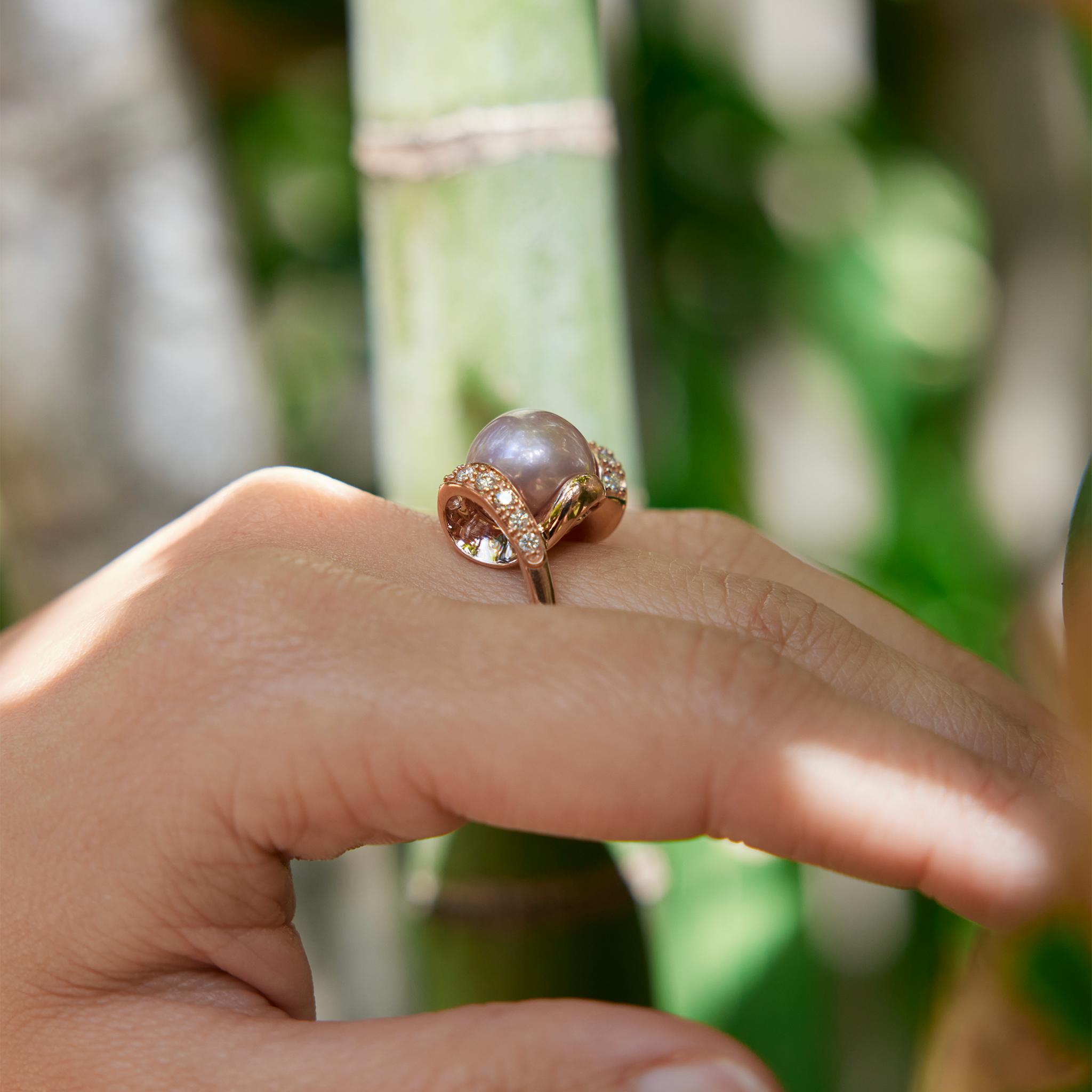 Lila Süßwasserperlen-Ring in Roségold mit Diamanten – 12–13 mm